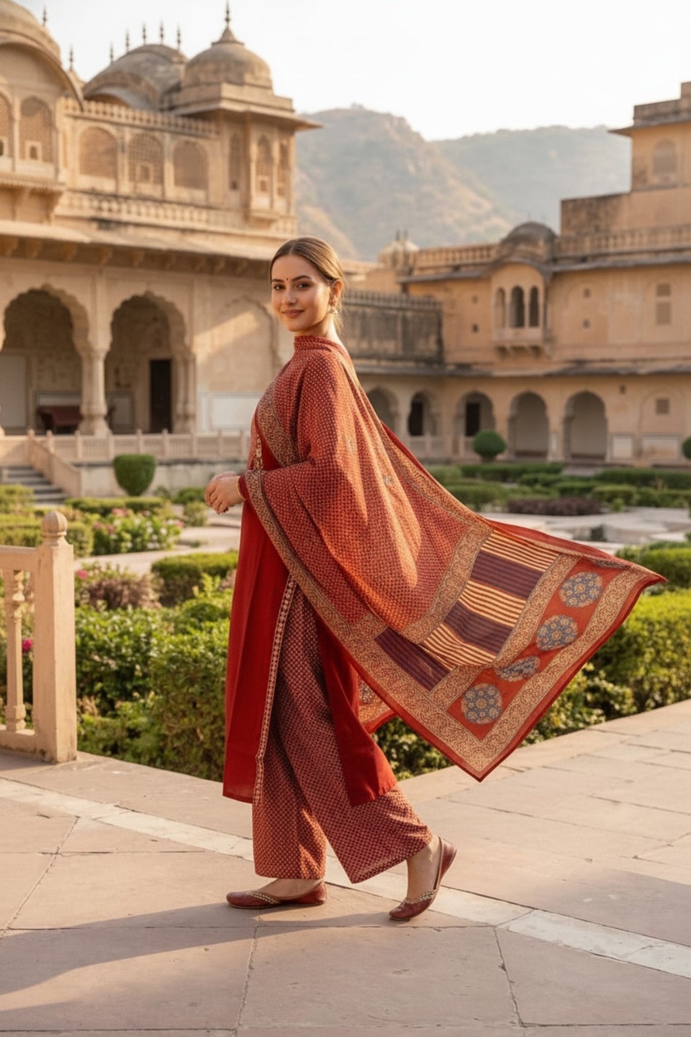 Rust Cotton Three-Piece Set with Modern Print - Freyaa USA & Canada