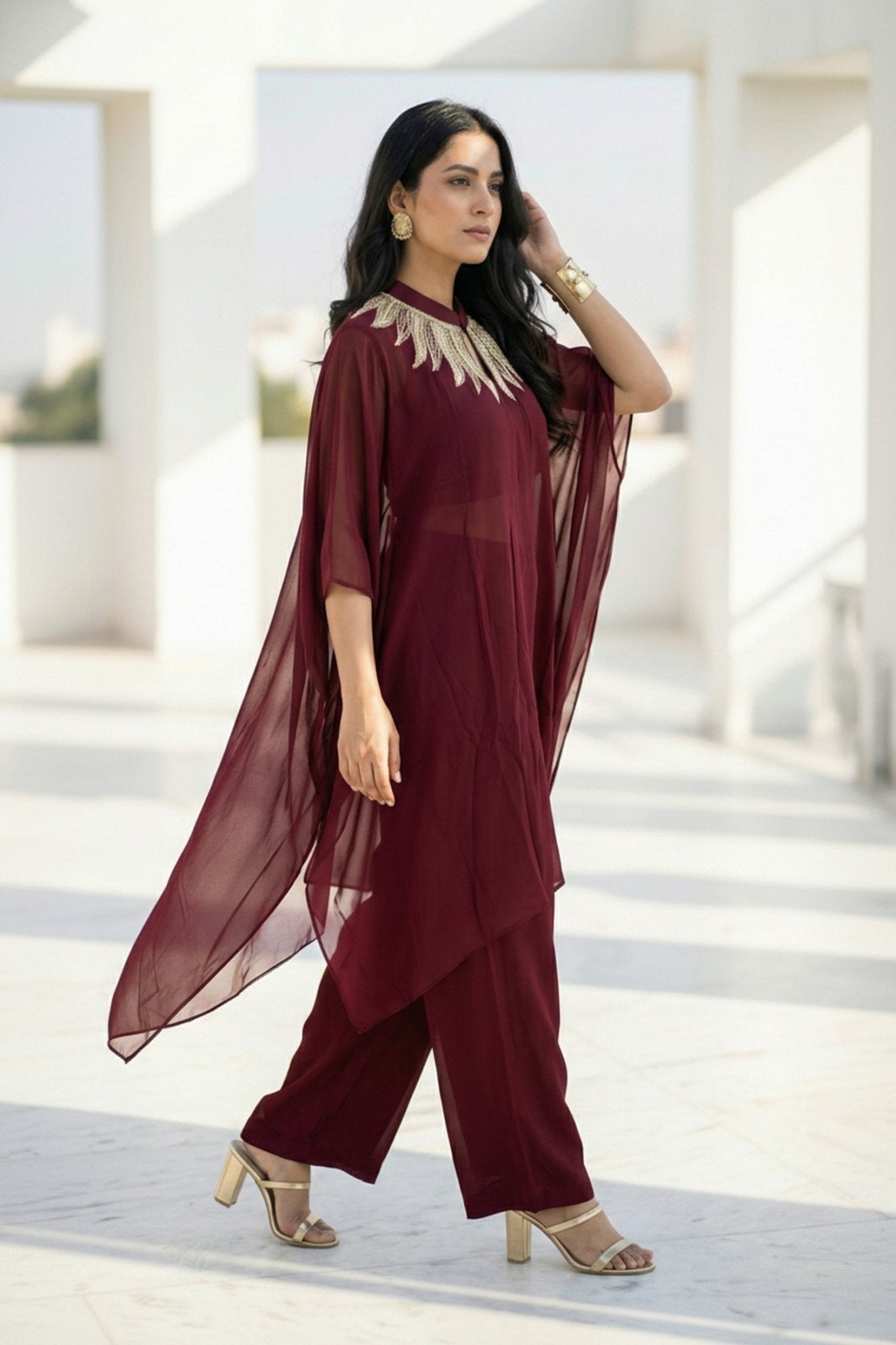 Maroon Charm Embroidered Neck Co-ord Set - Freyaa USA & Canada