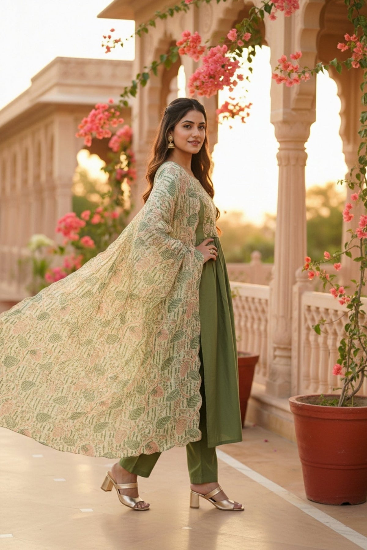 Green Embroidered Kurta Set with Tissue Silk Dupatta - Freyaa USA & Canada
