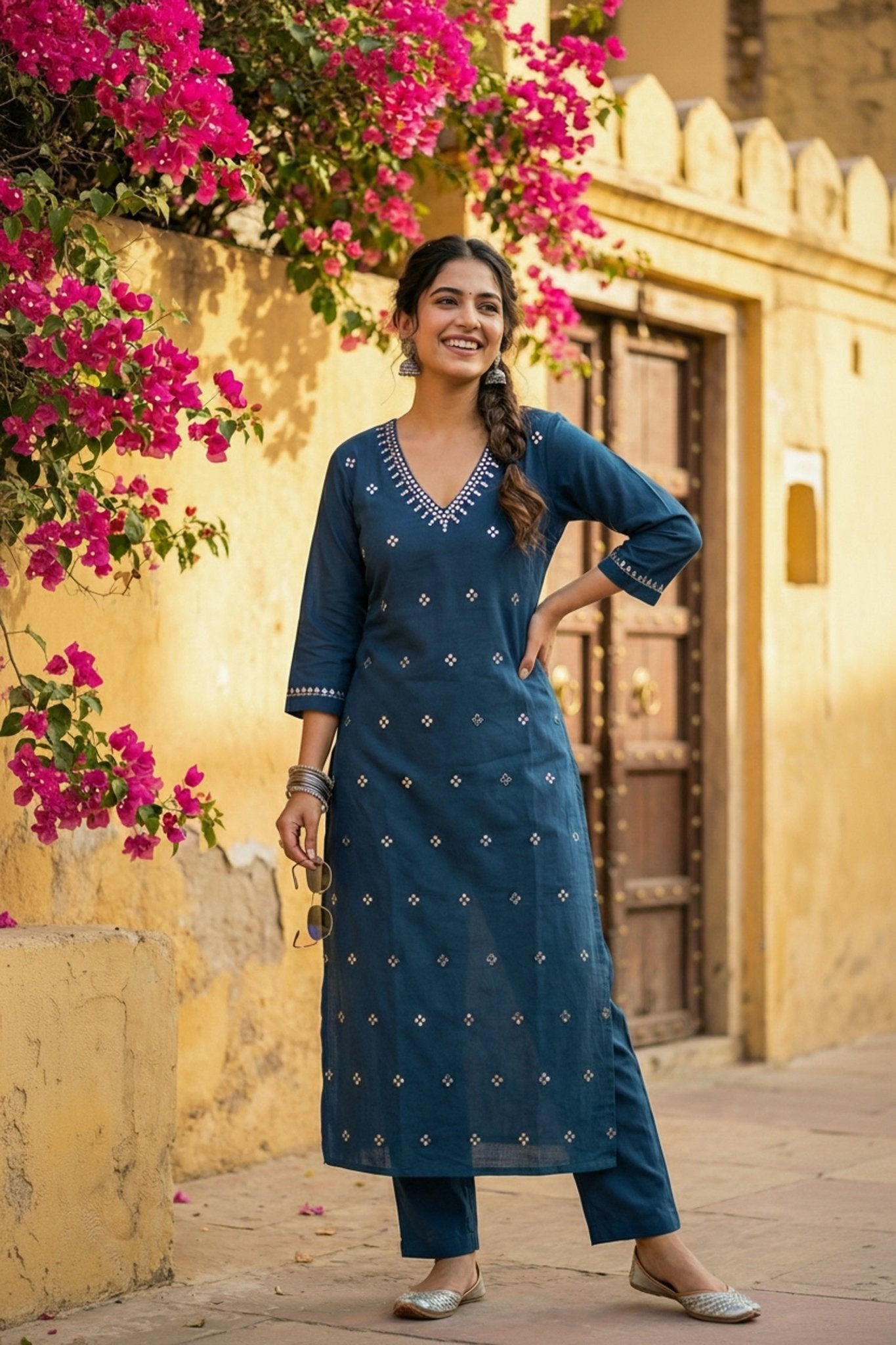 Blue Aura Embroidered Cotton Cord Set - Freyaa USA & Canada