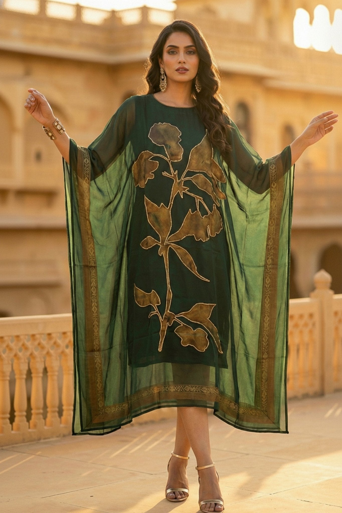 Bottle Green Embroidered Viscose Long Kaftan - Freyaa USA & Canada