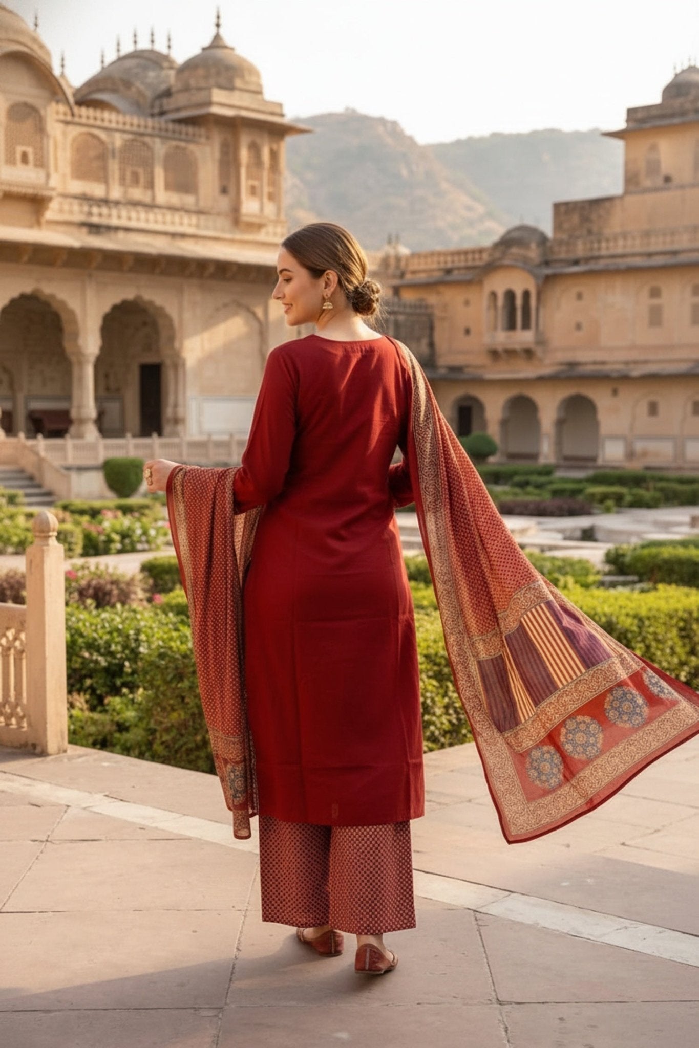 Rust Cotton Three-Piece Set with Modern Print - Freyaa USA & Canada