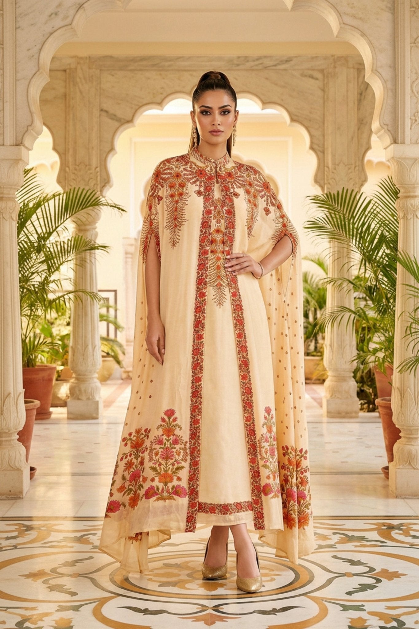 Cream Chinon Kaftan Set with Embroidered Jacket - Freyaa USA & Canada