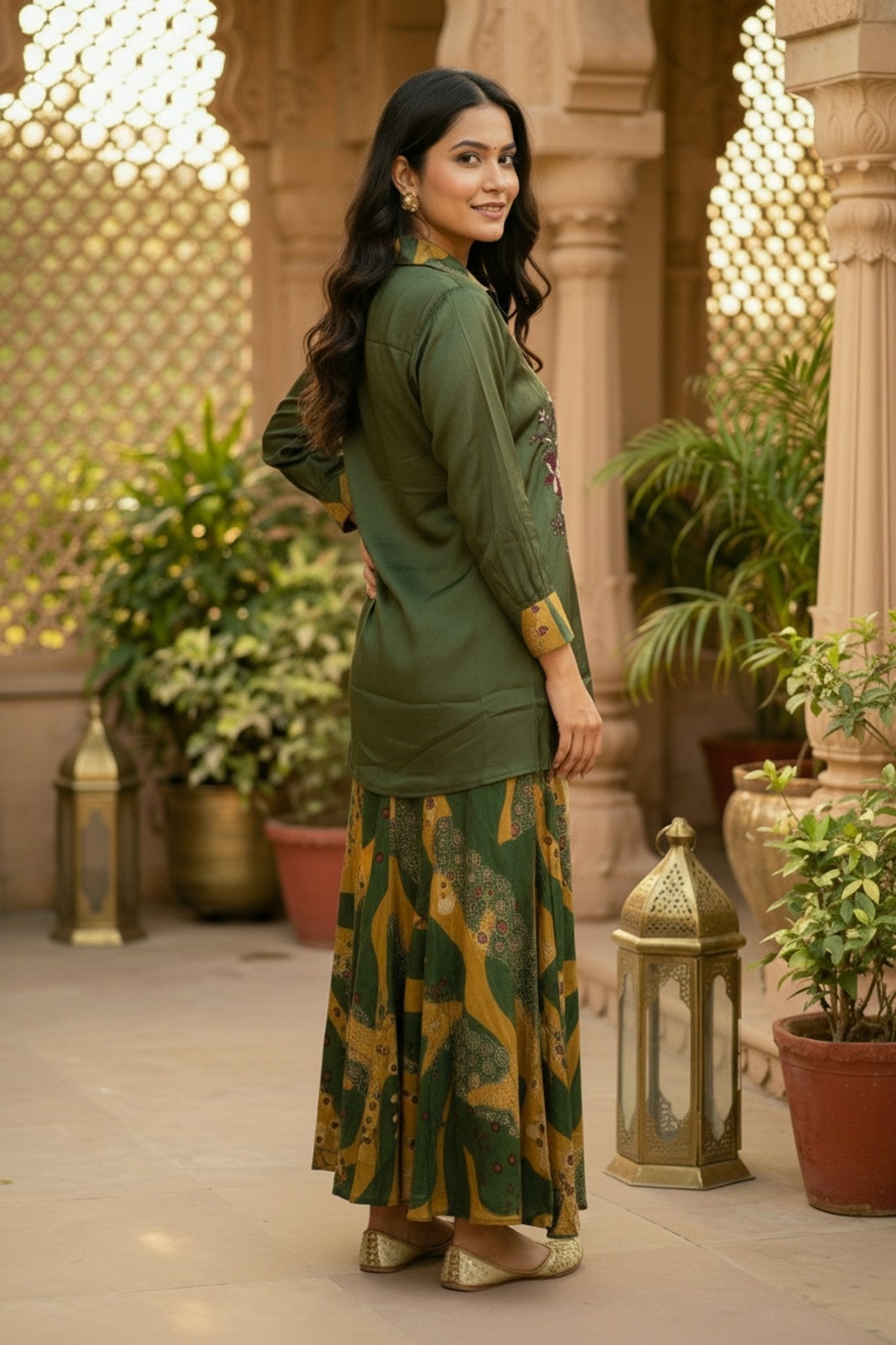 Green Grace Satin Top And Embroidered Cord Set - Freyaa USA & Canada