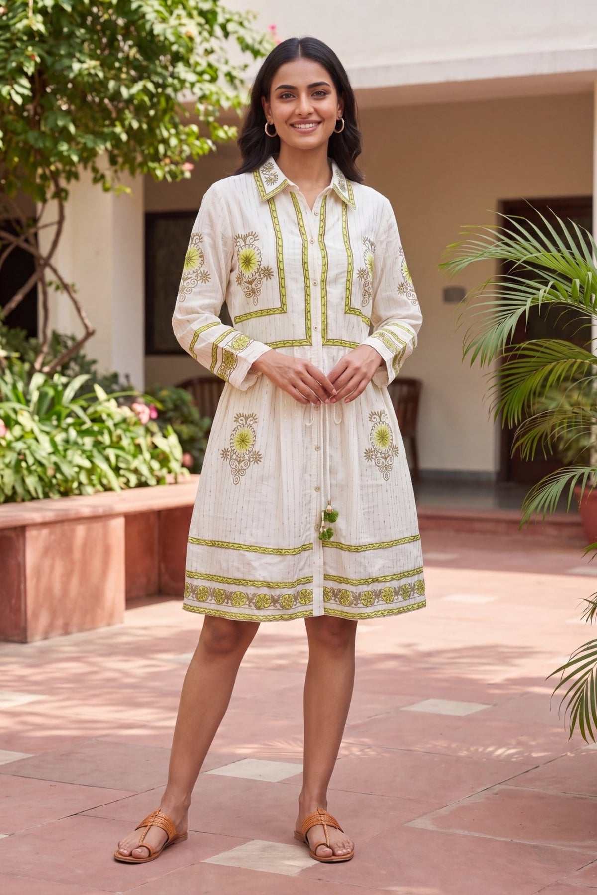 Ivory Lime Floral Embroidered Tunic Dress - Freyaa