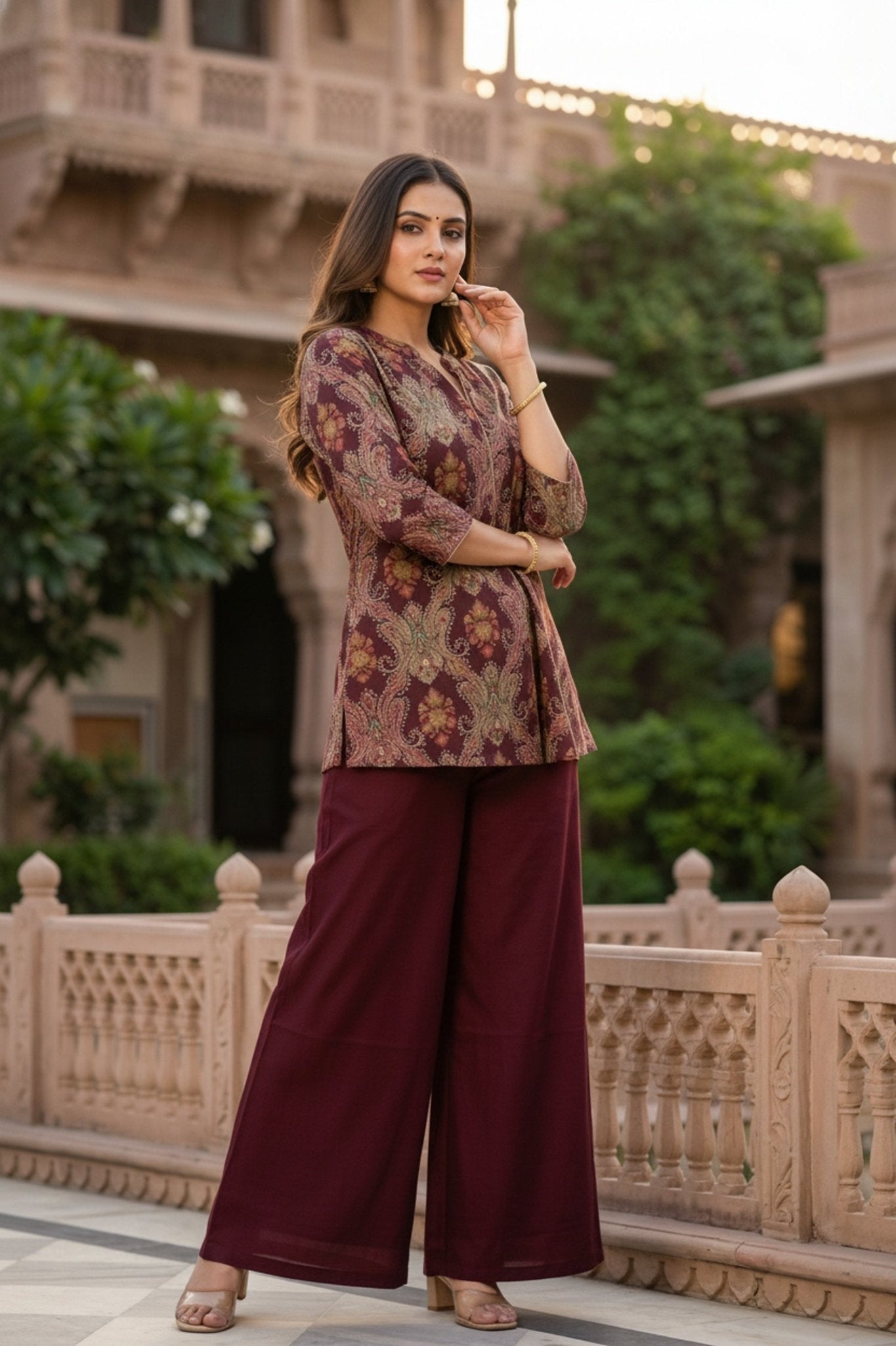 Maroon Printed Top Co-ord Set with Solid Bottom - Freyaa USA & Canada
