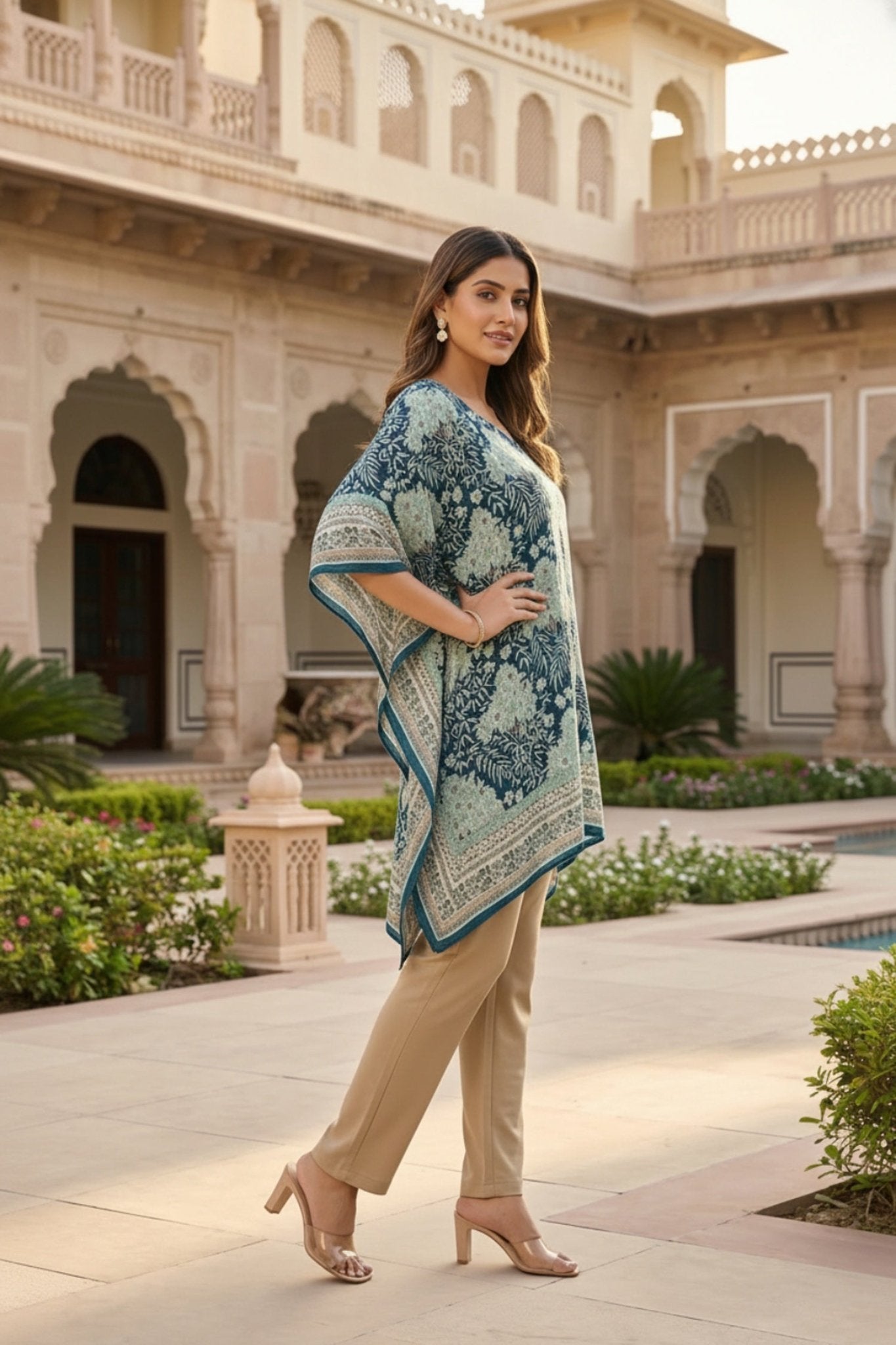 Blue Printed Viscose Short Kaftan - Freyaa USA & Canada