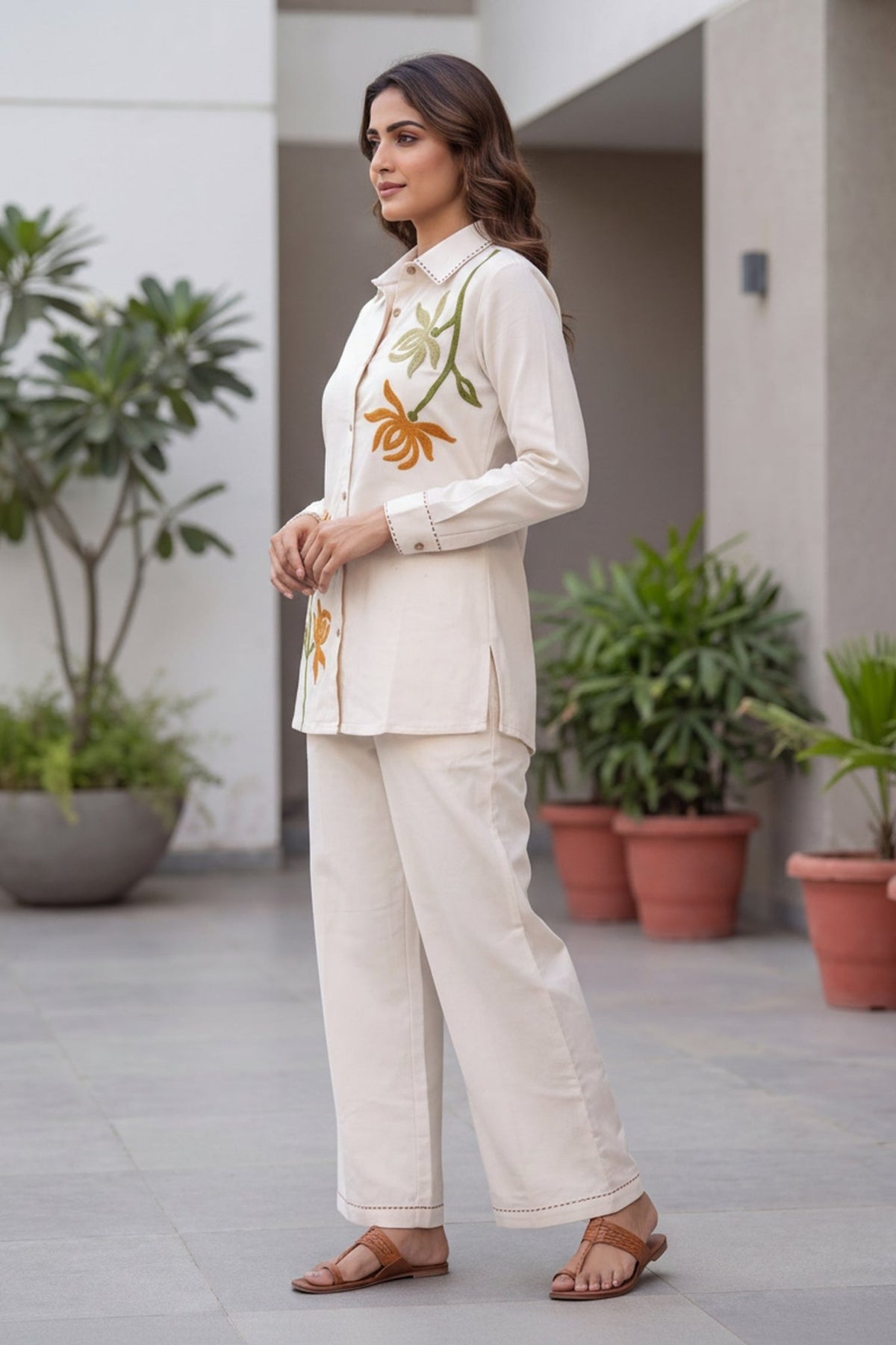 Ivory Floral Embroidered CordSet - Freyaa