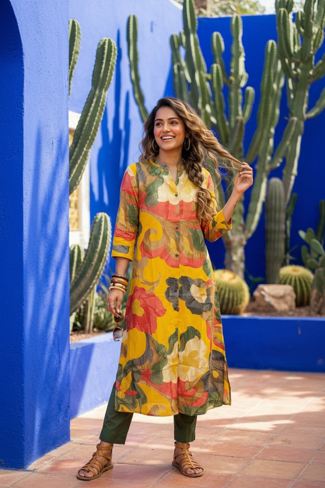 Classic Mustard Printed Cotton Kurti - Freyaa USA & Canada
