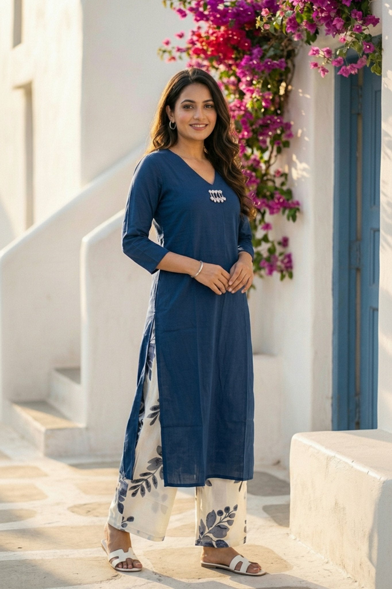 Blue Elegance Cotton Cord Set with Printed Pants - Freyaa USA & Canada