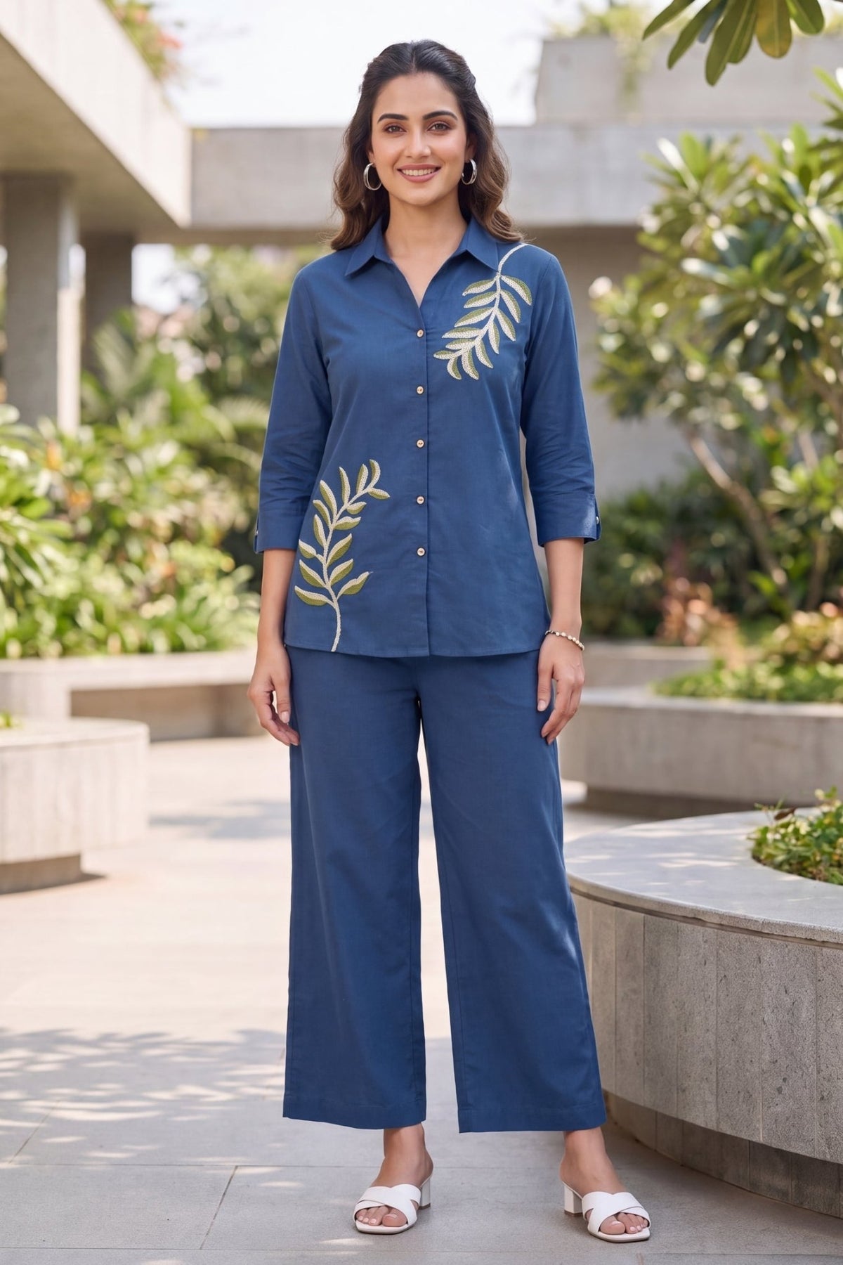 Indigo Leaf Embroidered CordSet - Freyaa