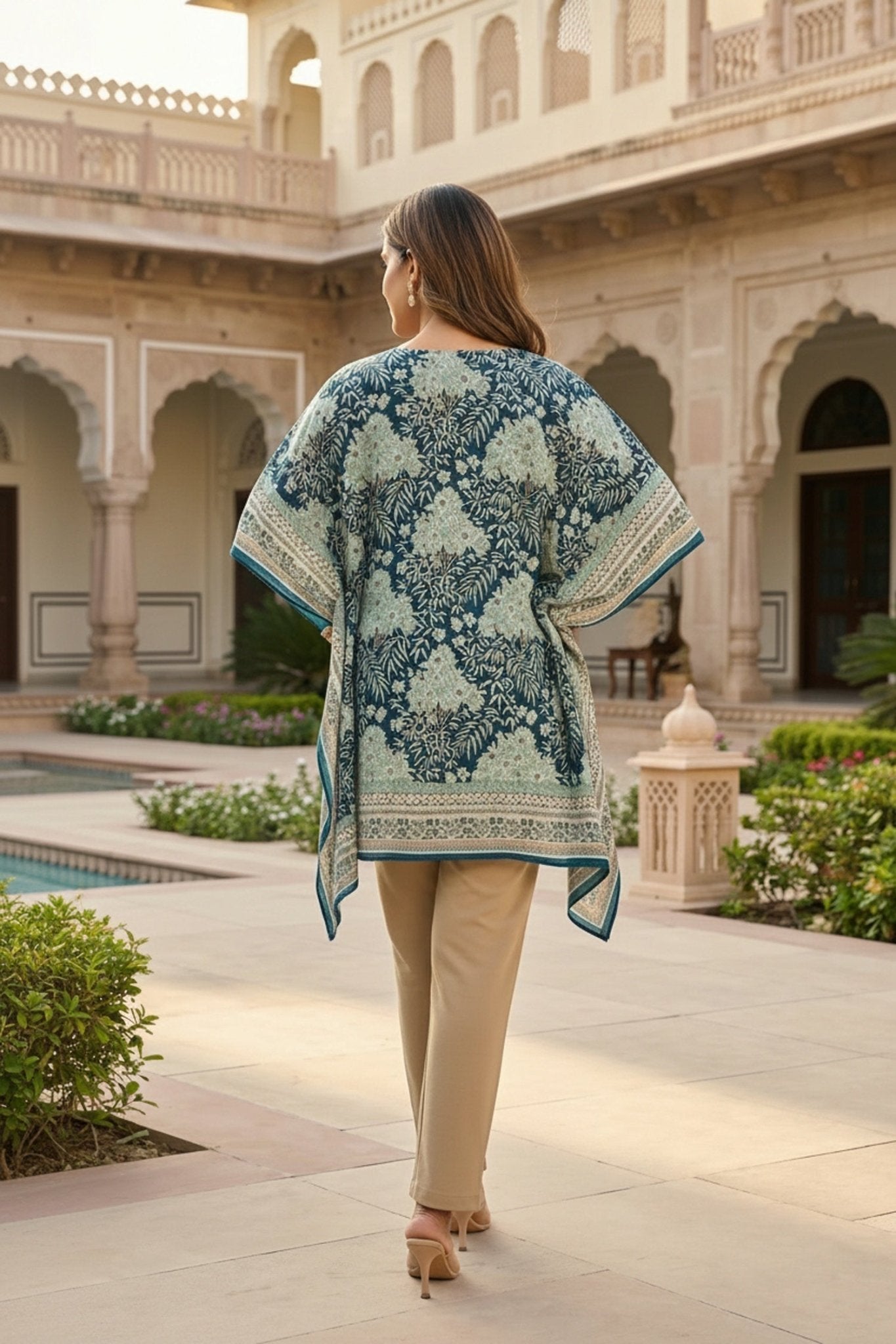 Blue Printed Viscose Short Kaftan - Freyaa USA & Canada
