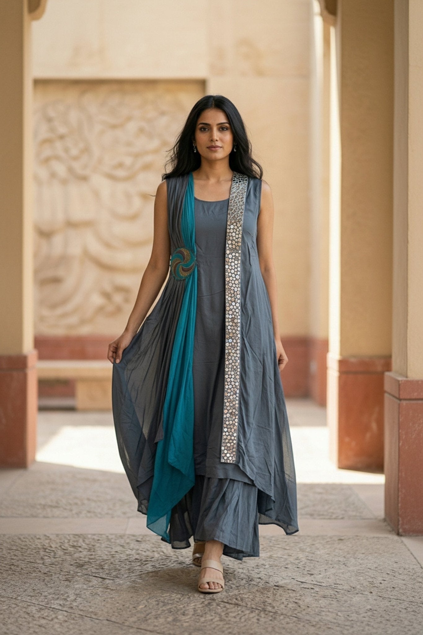 Blue Dress for Women with Embroidery & Layered Design - Freyaa USA & Canada