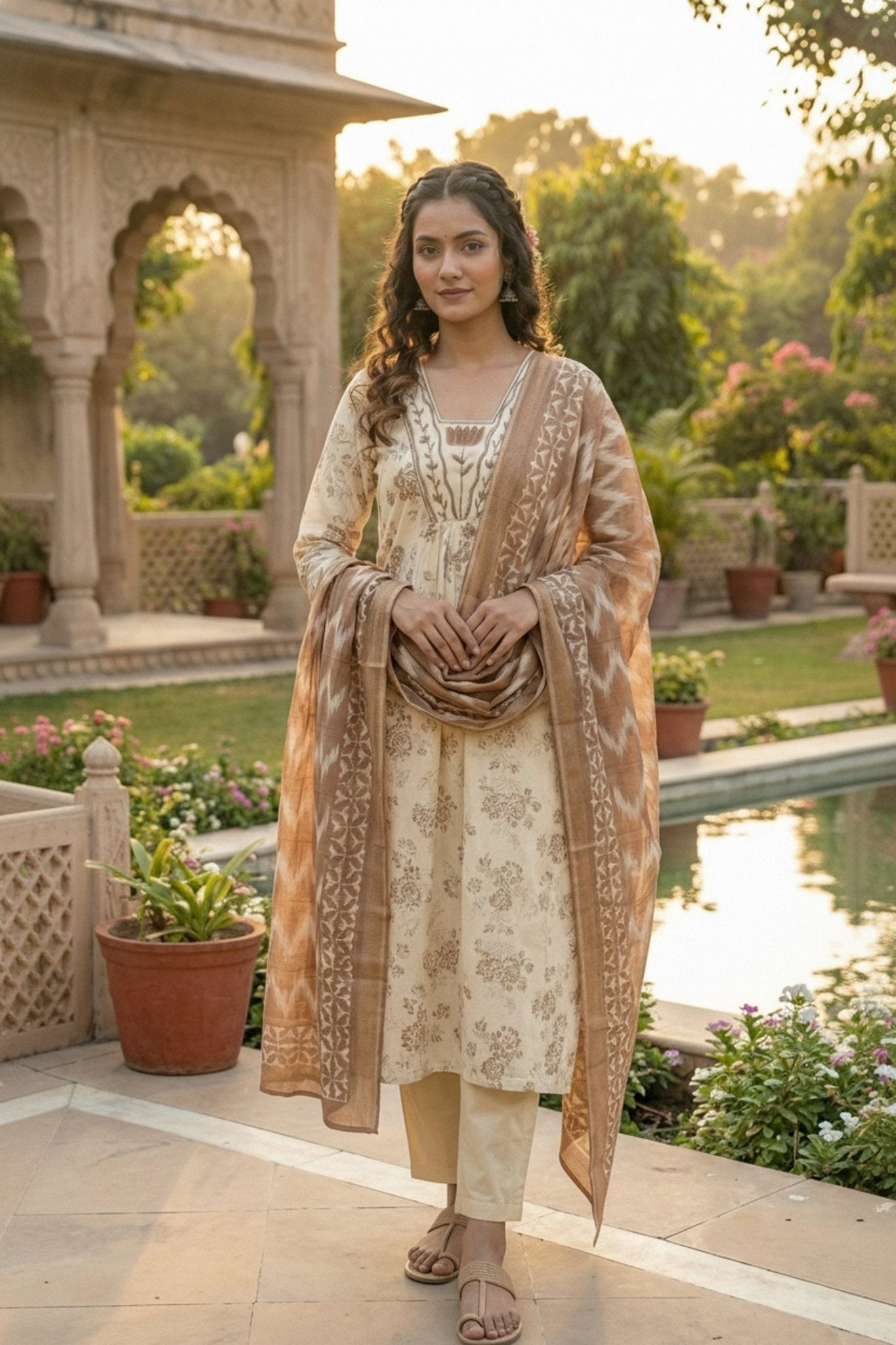 Off-White Elegance Kurta Set with Brown Dupatta - Freyaa USA & Canada