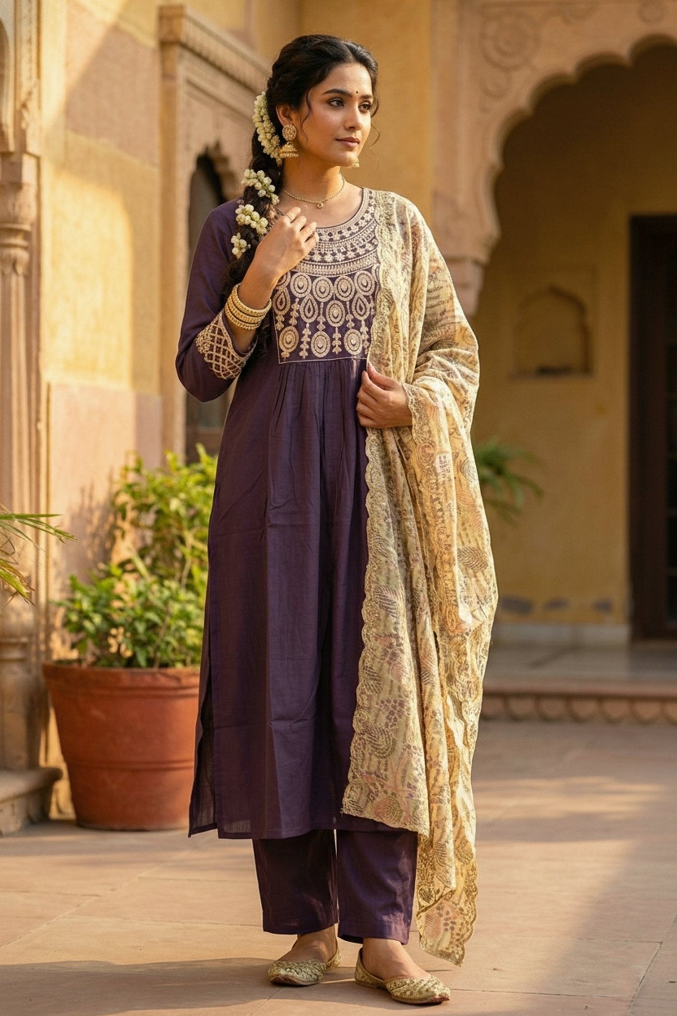 Lavender Embroidered Kurta Set with Tissue Dupatta - Freyaa USA & Canada
