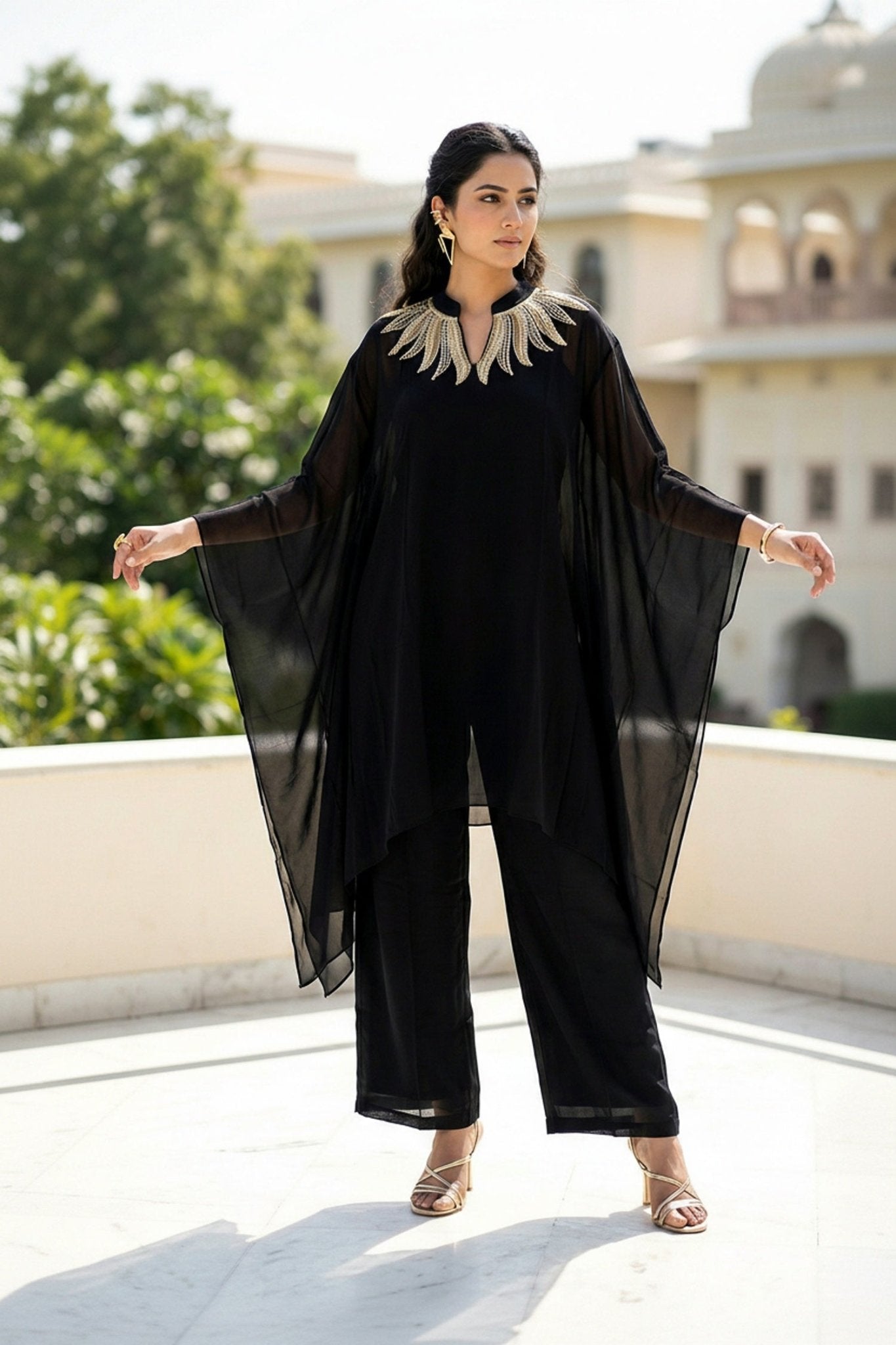 Black Grace Embroidered Neck Co-ord Set - Freyaa USA & Canada