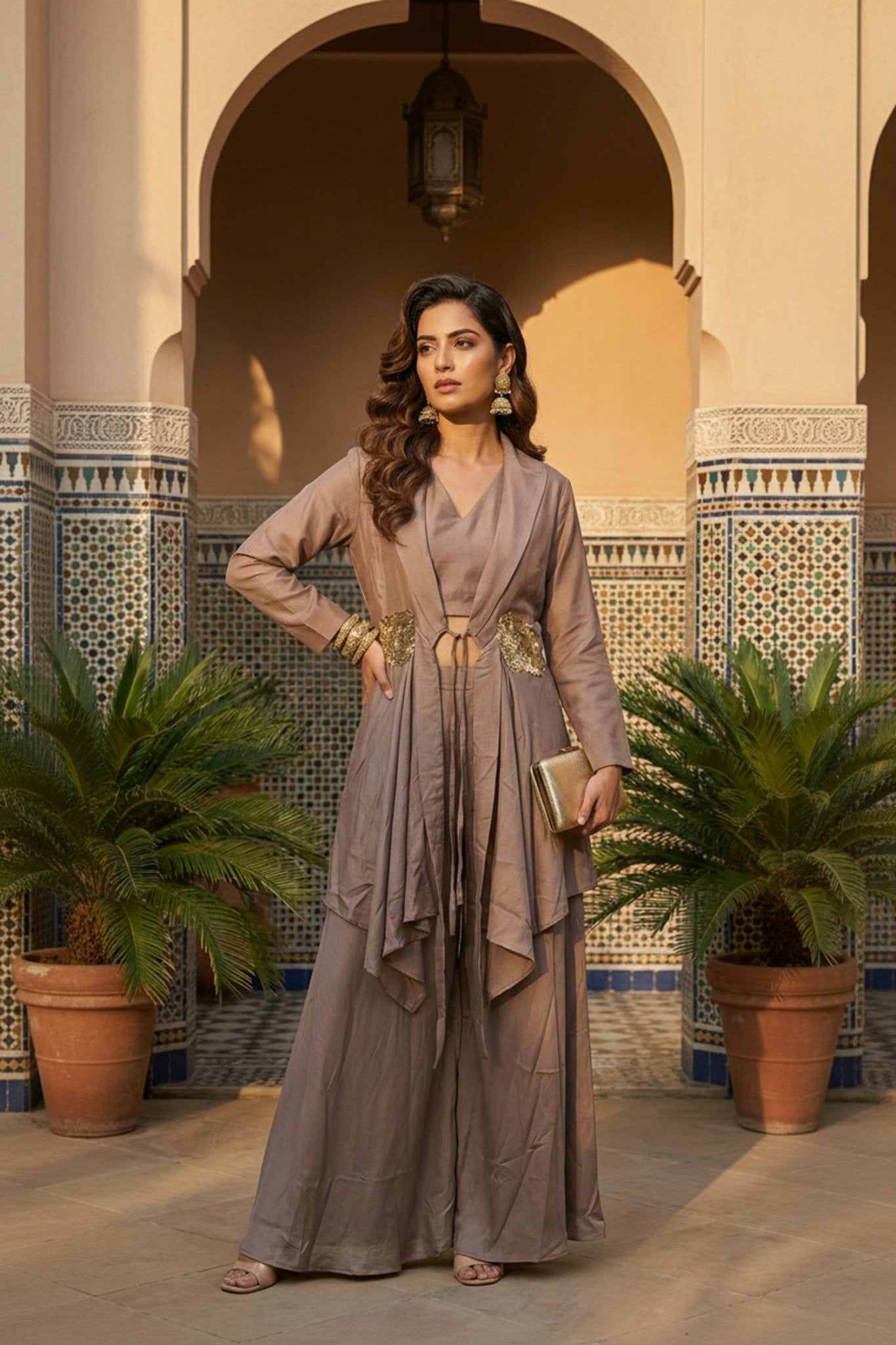 Taupe Brown Cordset for Women with Embellished Waist & Layered Jacket Design - Freyaa USA & Canada