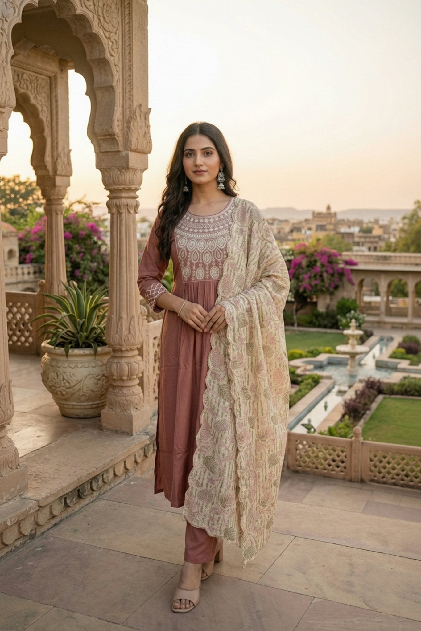 Onion Pink Embroidered Kurta Set with Tissue Silk Dupatta - Freyaa USA & Canada