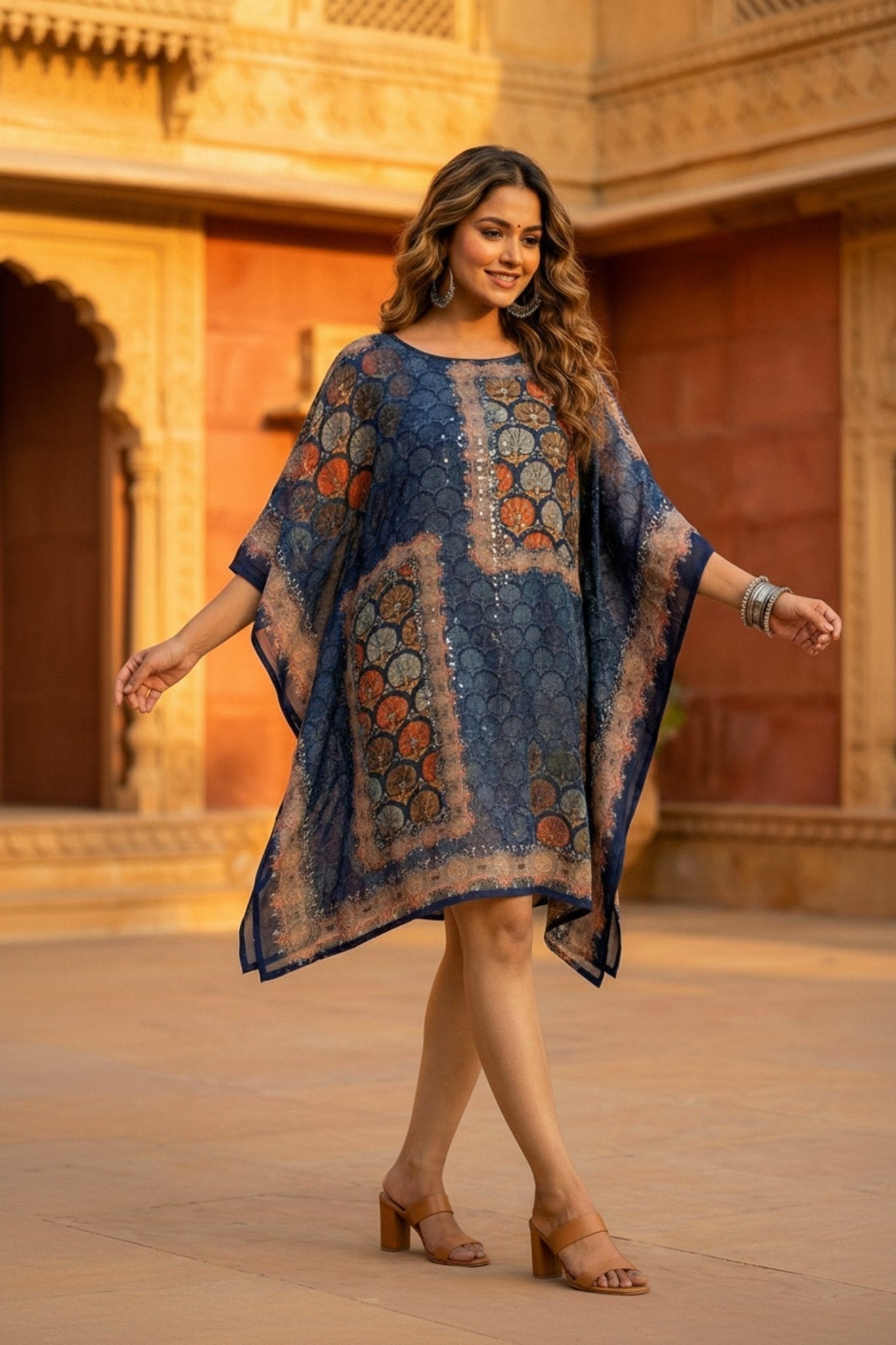 Navy Blue Printed Viscose Short Kaftan - Freyaa USA & Canada