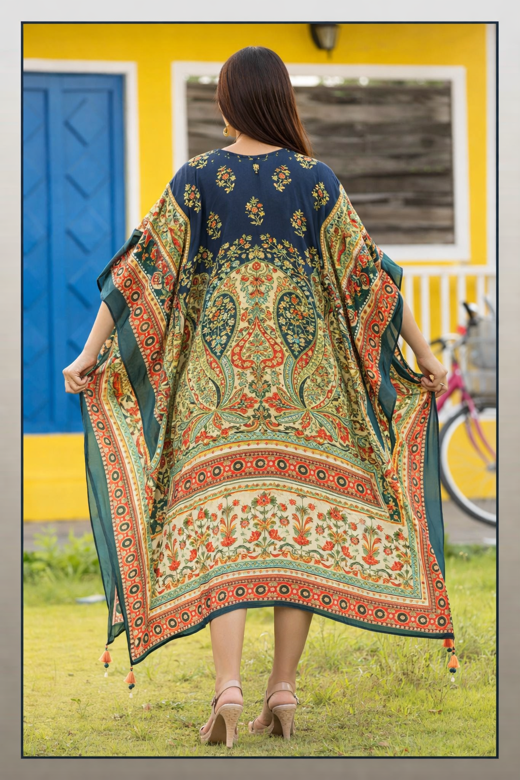 Chic Blue Long Kaftan with Printed Patterns - Freyaa USA & Canada