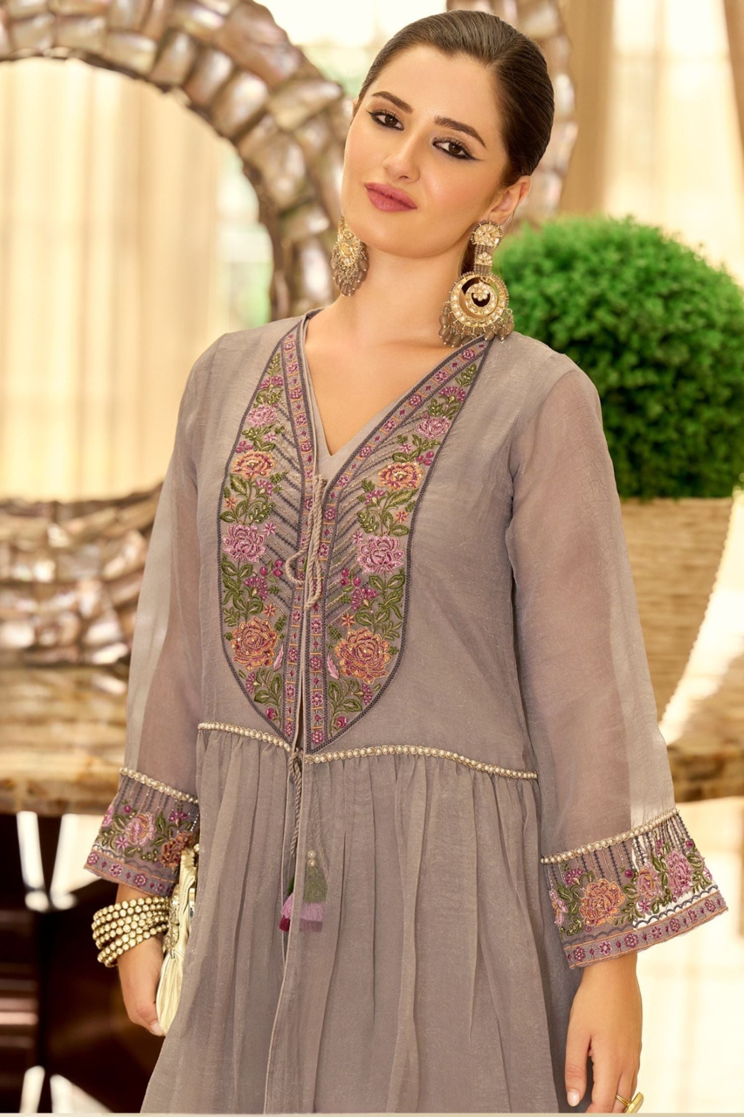 Elegant Brown Embroidered Cord Set With Lace Sleeves