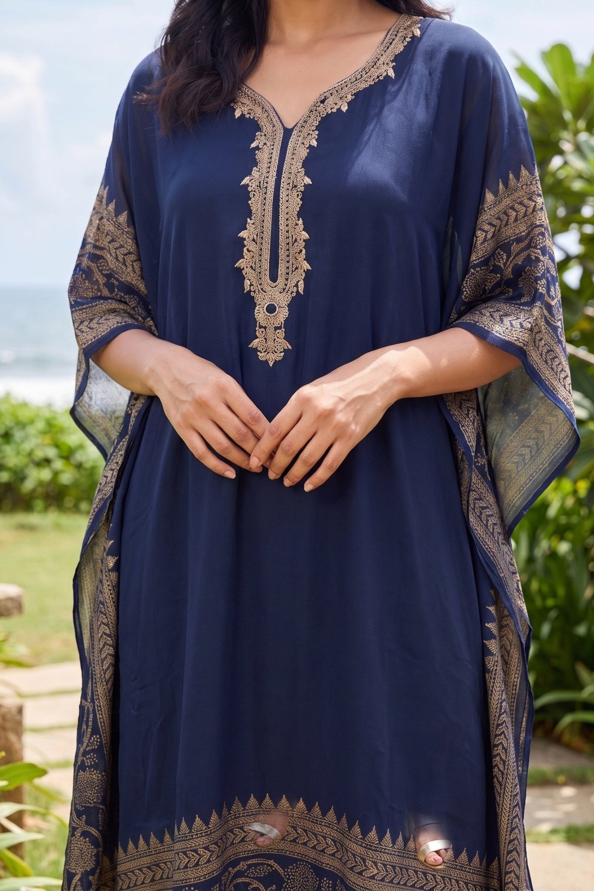 Gold Hand Embroidery Digital Print Border Navy Blue Kaftan - Freyaa USA & Canada