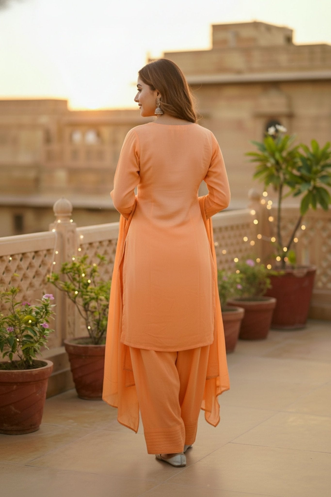 Orange Embroidered Kurta with Salwar & Dupatta - Freyaa USA & Canada