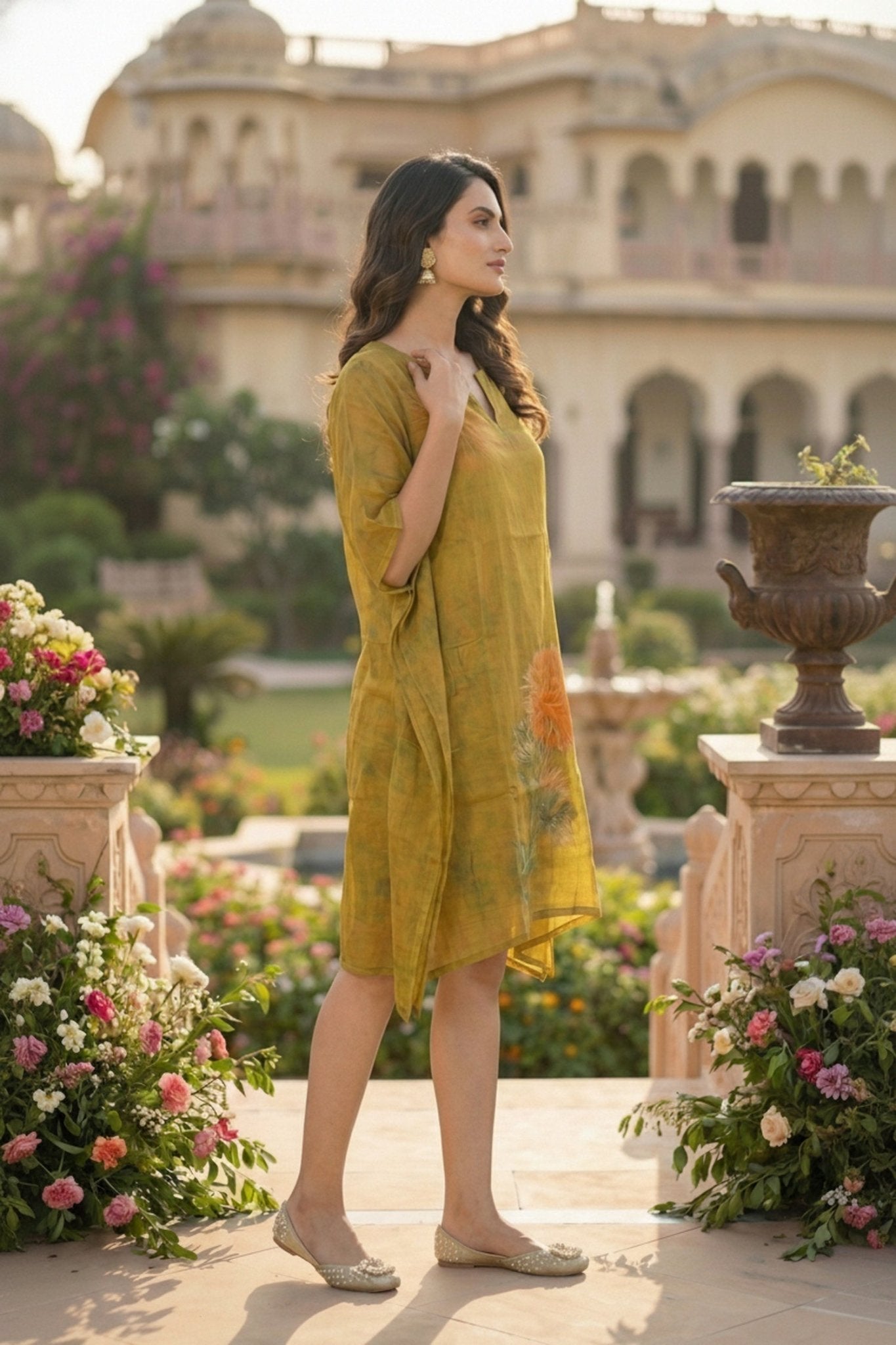 Mehendi Printed Chinon Short Kaftan - Freyaa USA & Canada