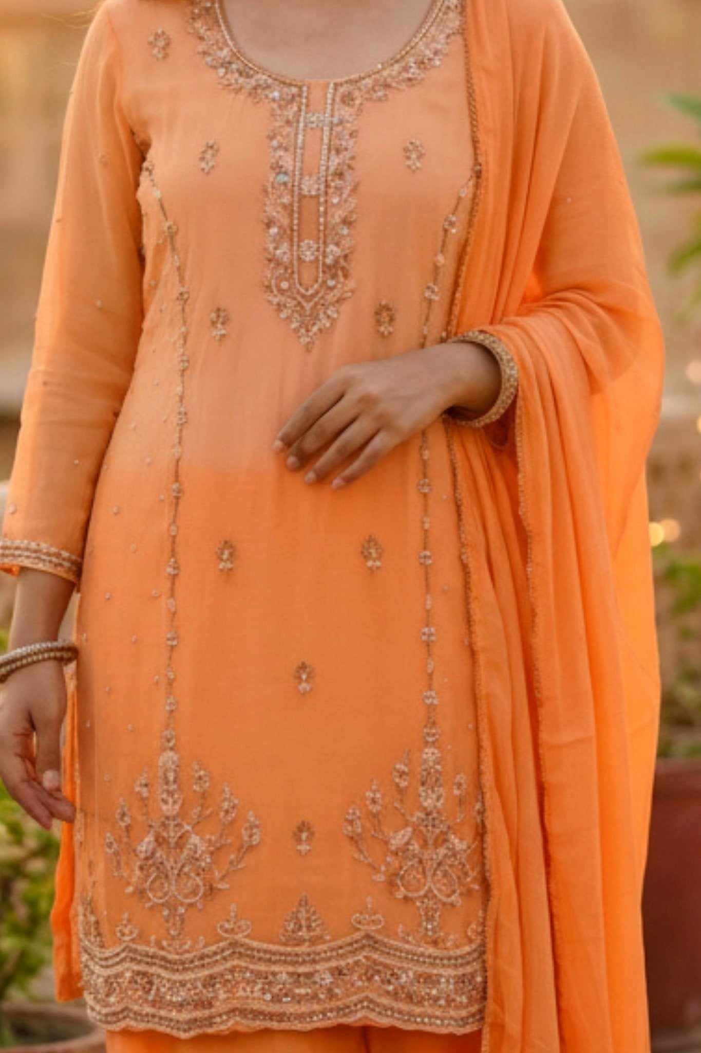 Orange Embroidered Kurta with Salwar & Dupatta - Freyaa USA & Canada