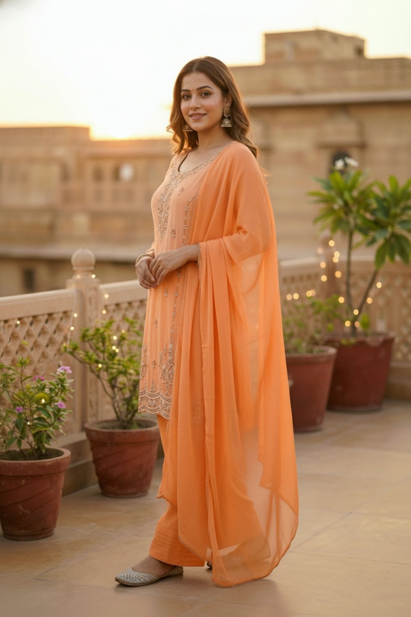 Orange Embroidered Kurta with Salwar & Dupatta - Freyaa USA & Canada