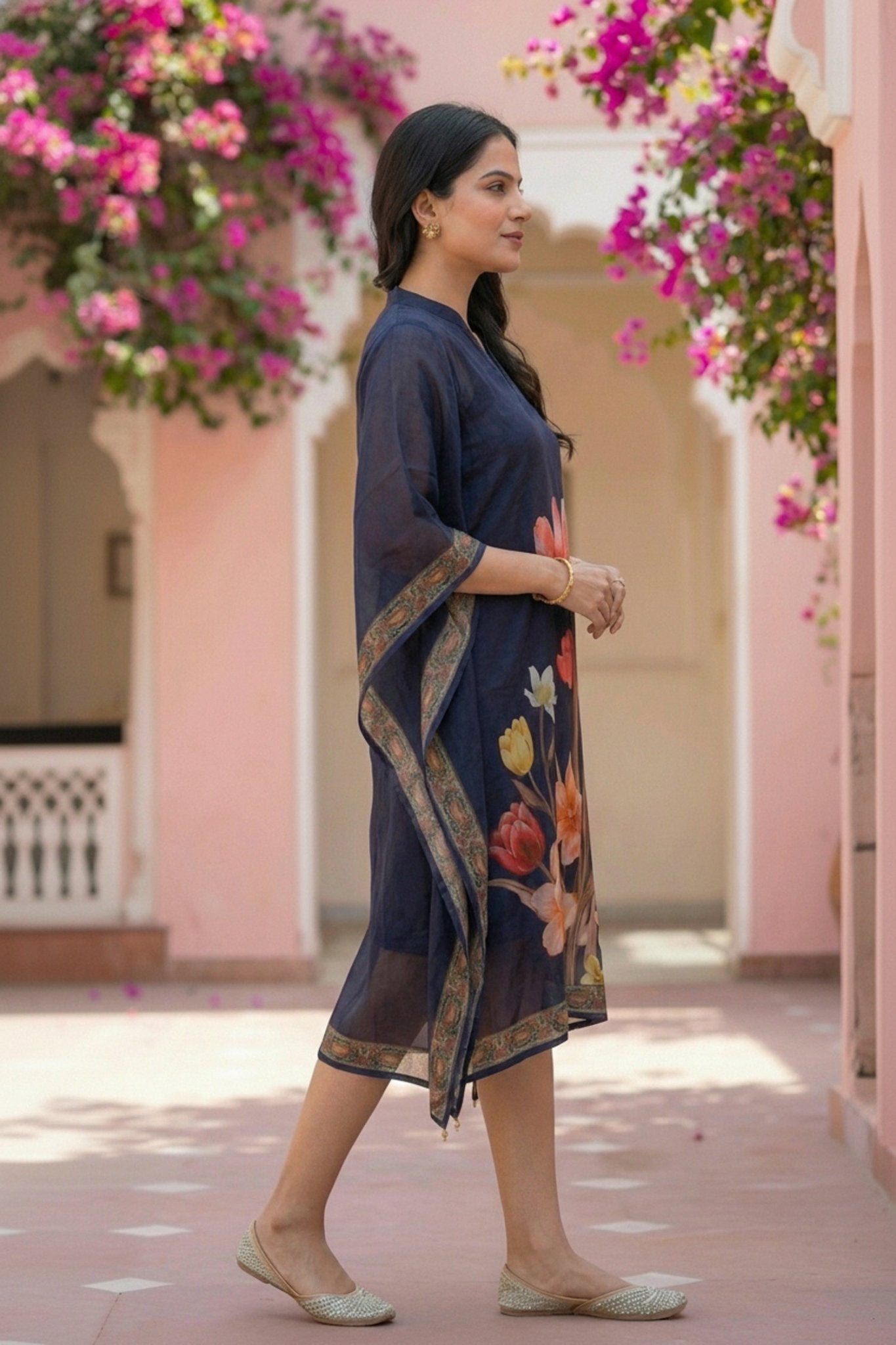 Navy Blue Floral Printed Chinon Short Kaftan - Freyaa USA & Canada