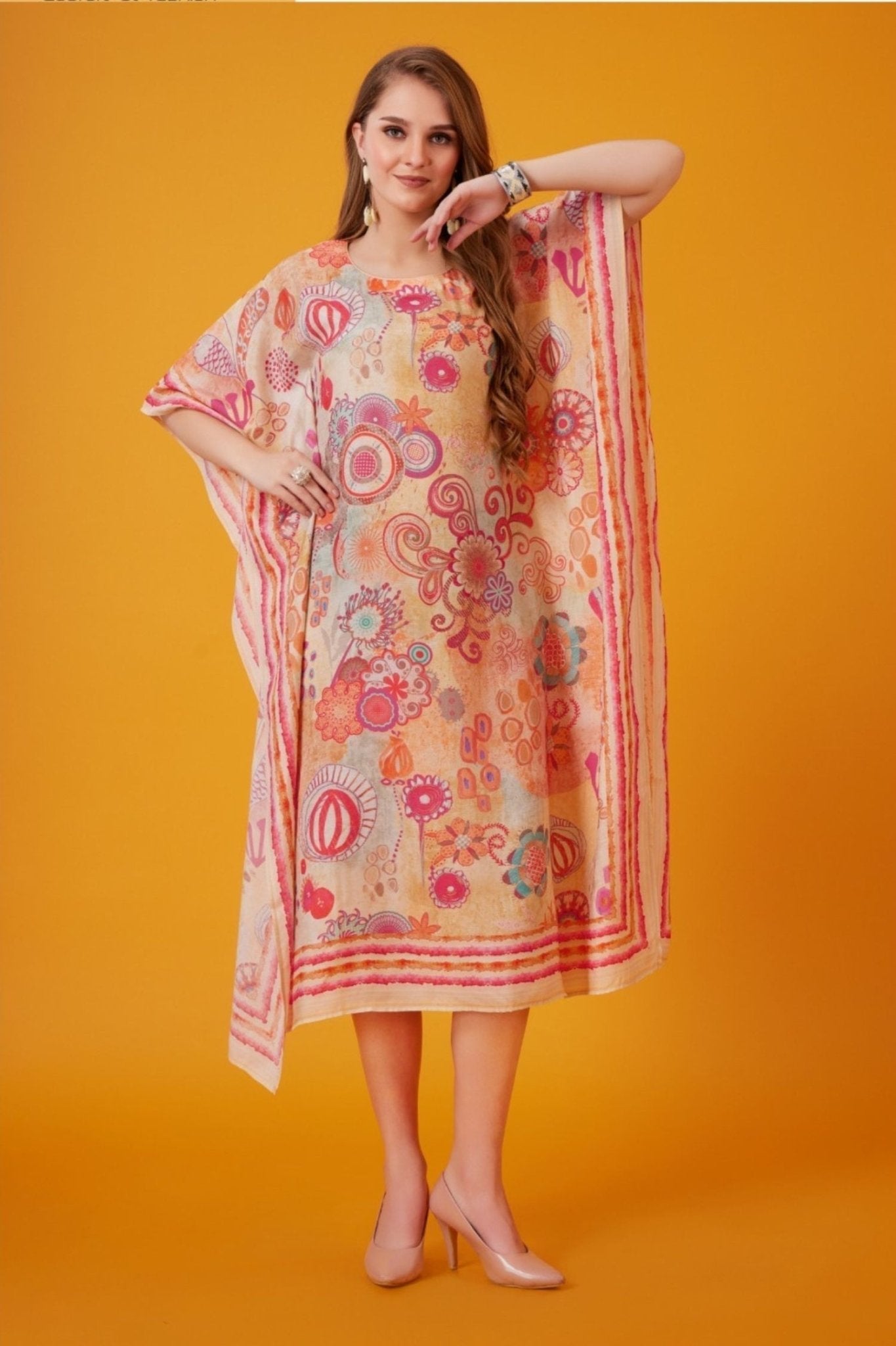 Peach Abstract Print Long Kaftan - Freyaa USA & Canada