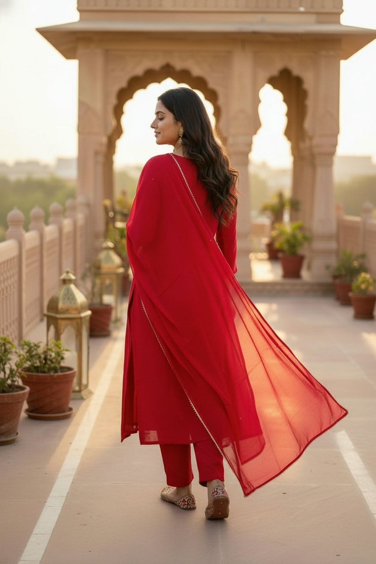 Royal Rani Red Three-Piece Set with Intricate Neck Embroidery - Freyaa USA & Canada
