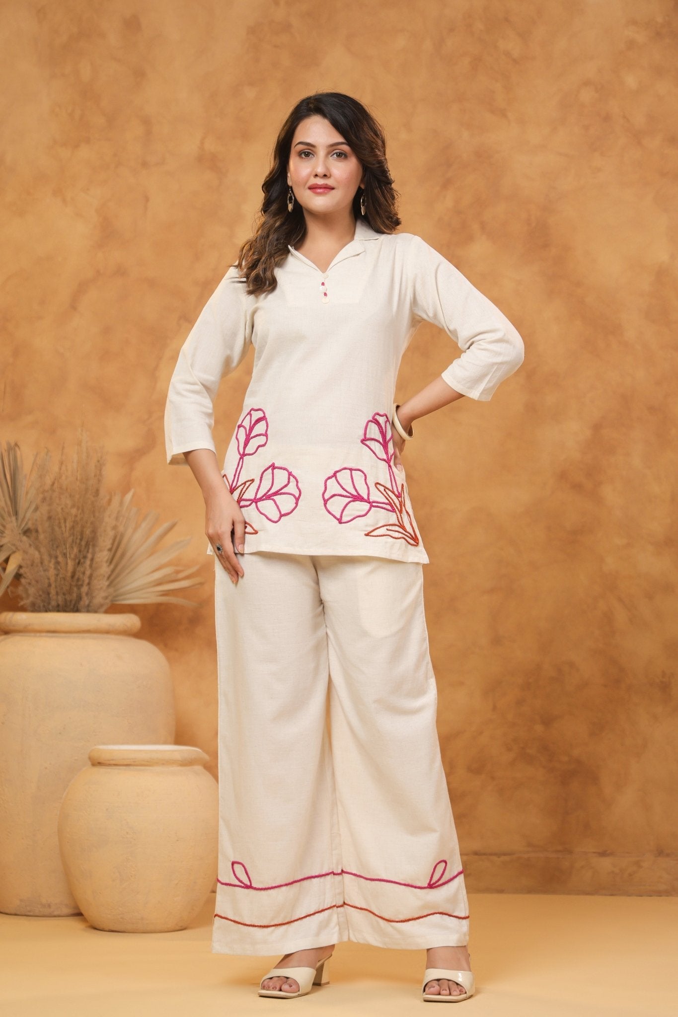Cream Floral Work Cord Set - Freyaa USA & Canada