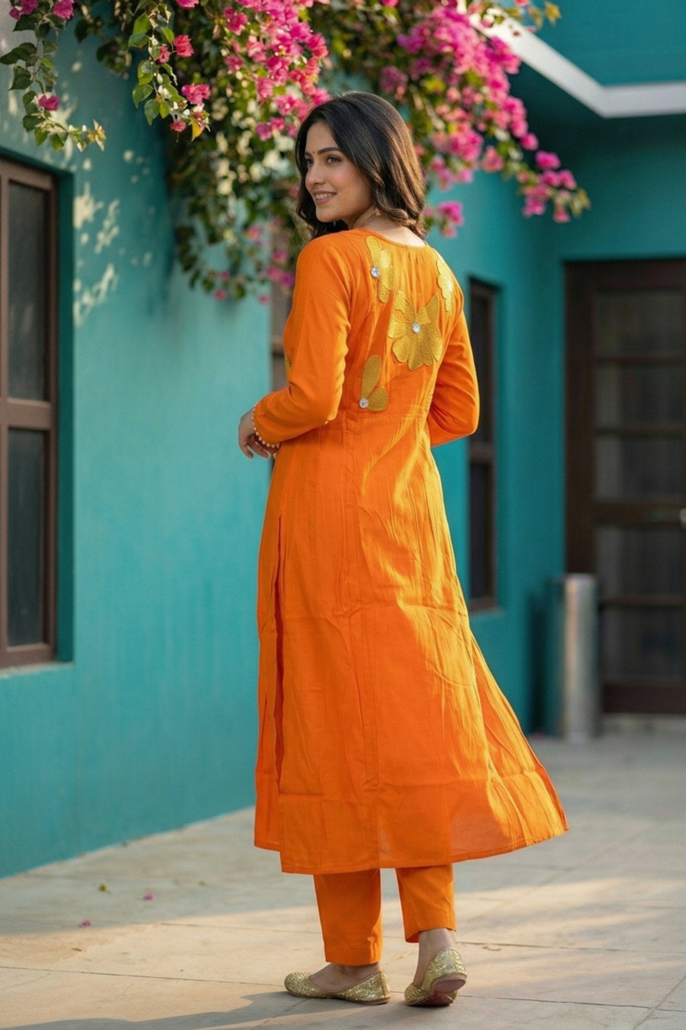Orange Floral Cotton Co-ord Set - Freyaa USA & Canada