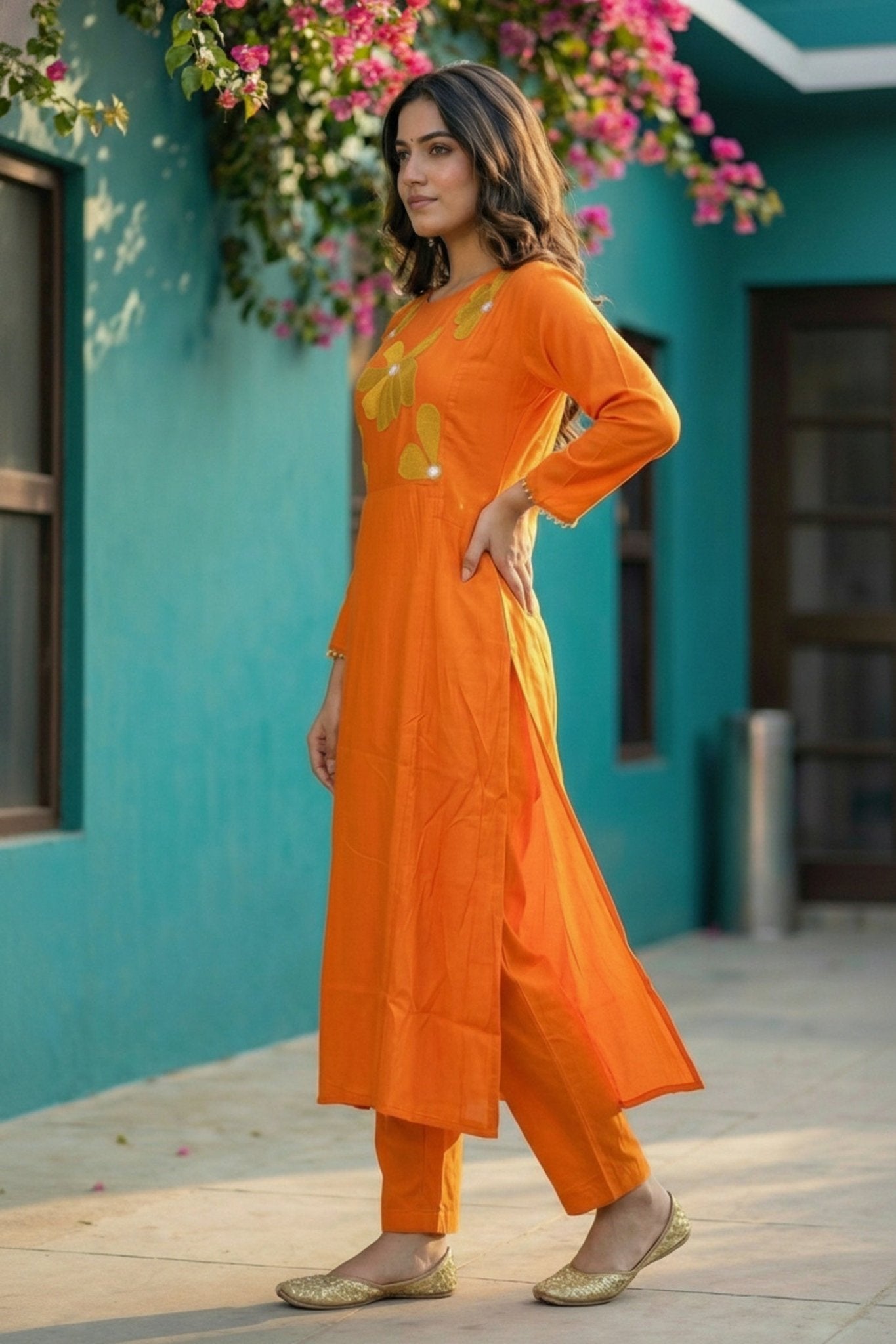Orange Floral Cotton Co-ord Set - Freyaa USA & Canada