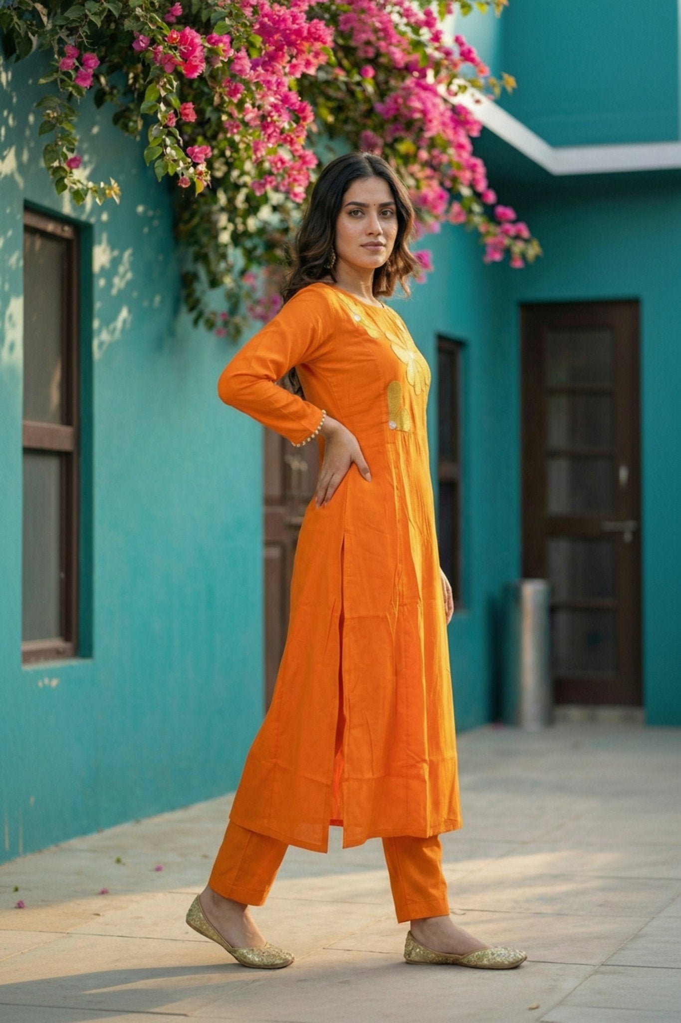 Orange Floral Cotton Co-ord Set - Freyaa USA & Canada