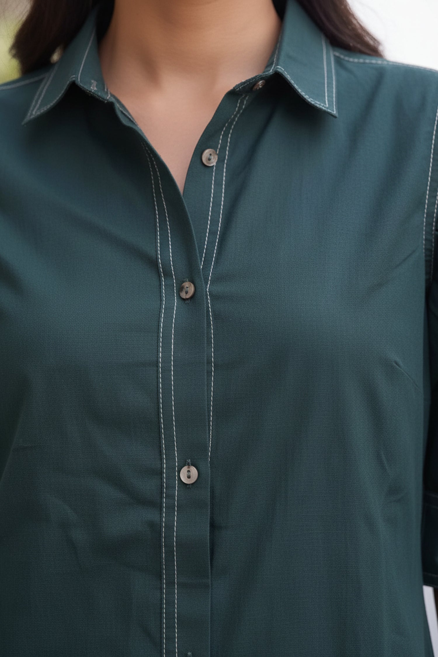Forest Green Puff-Sleeve Shirt Dress