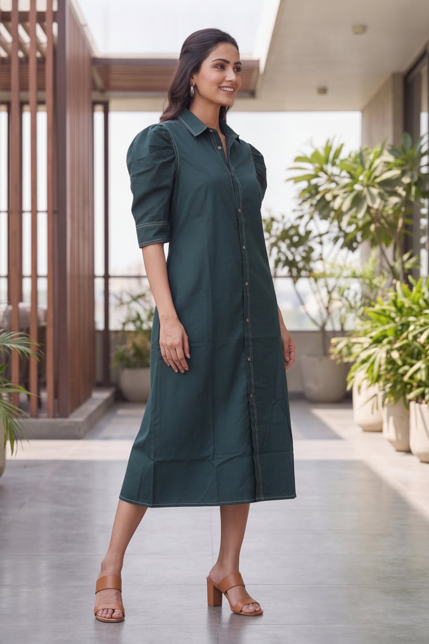 Forest Green Puff-Sleeve Shirt Dress