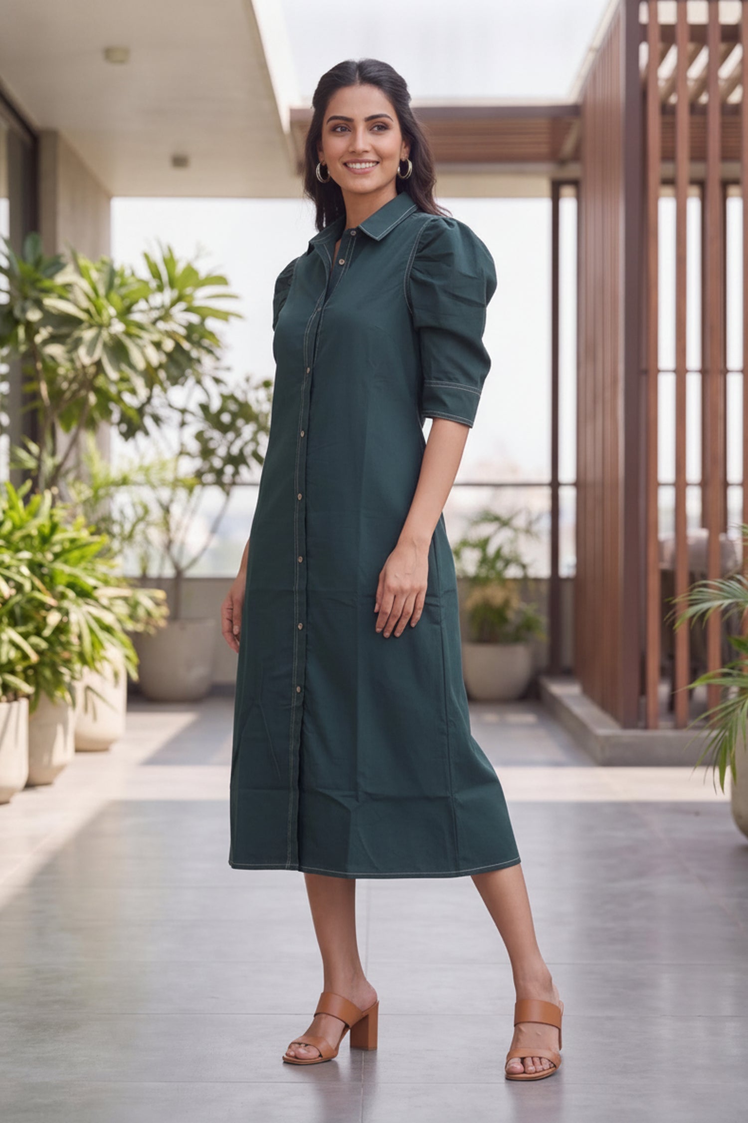 Forest Green Puff-Sleeve Shirt Dress