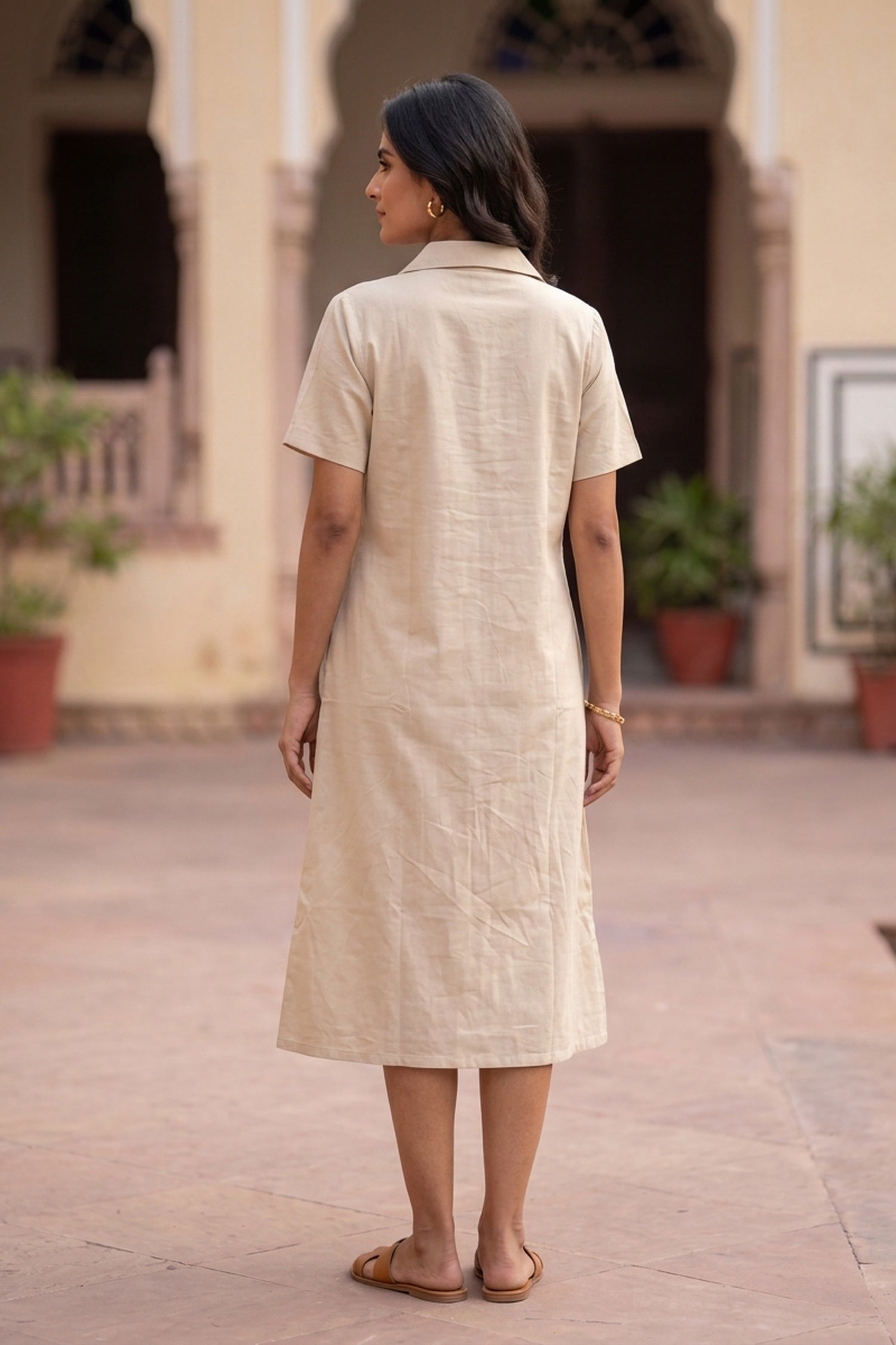 Natural Cotton Flex Midi Dress with Abstract Embroidered Hem