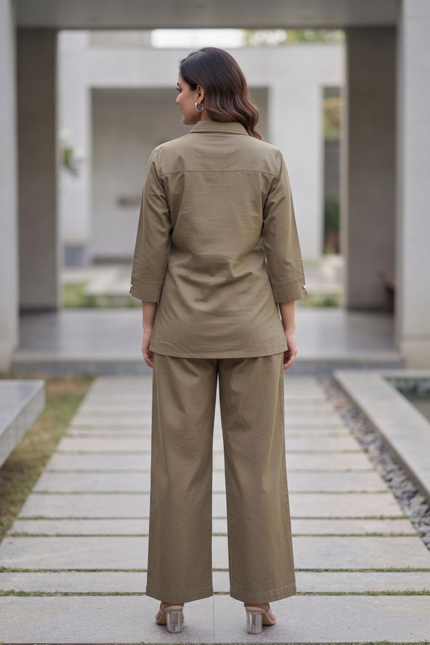 Earthy Brown Cotton Floral Embroidered Shirt And Wide Leg Palazzo Co -Ord Set