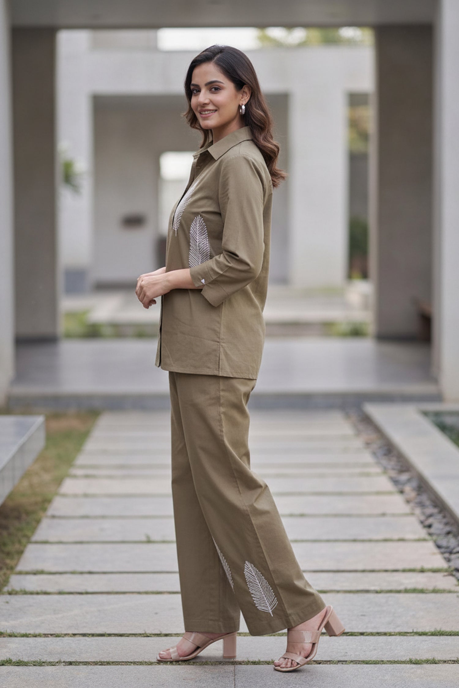 Earthy Brown Cotton Floral Embroidered Shirt And Wide Leg Palazzo Co -Ord Set