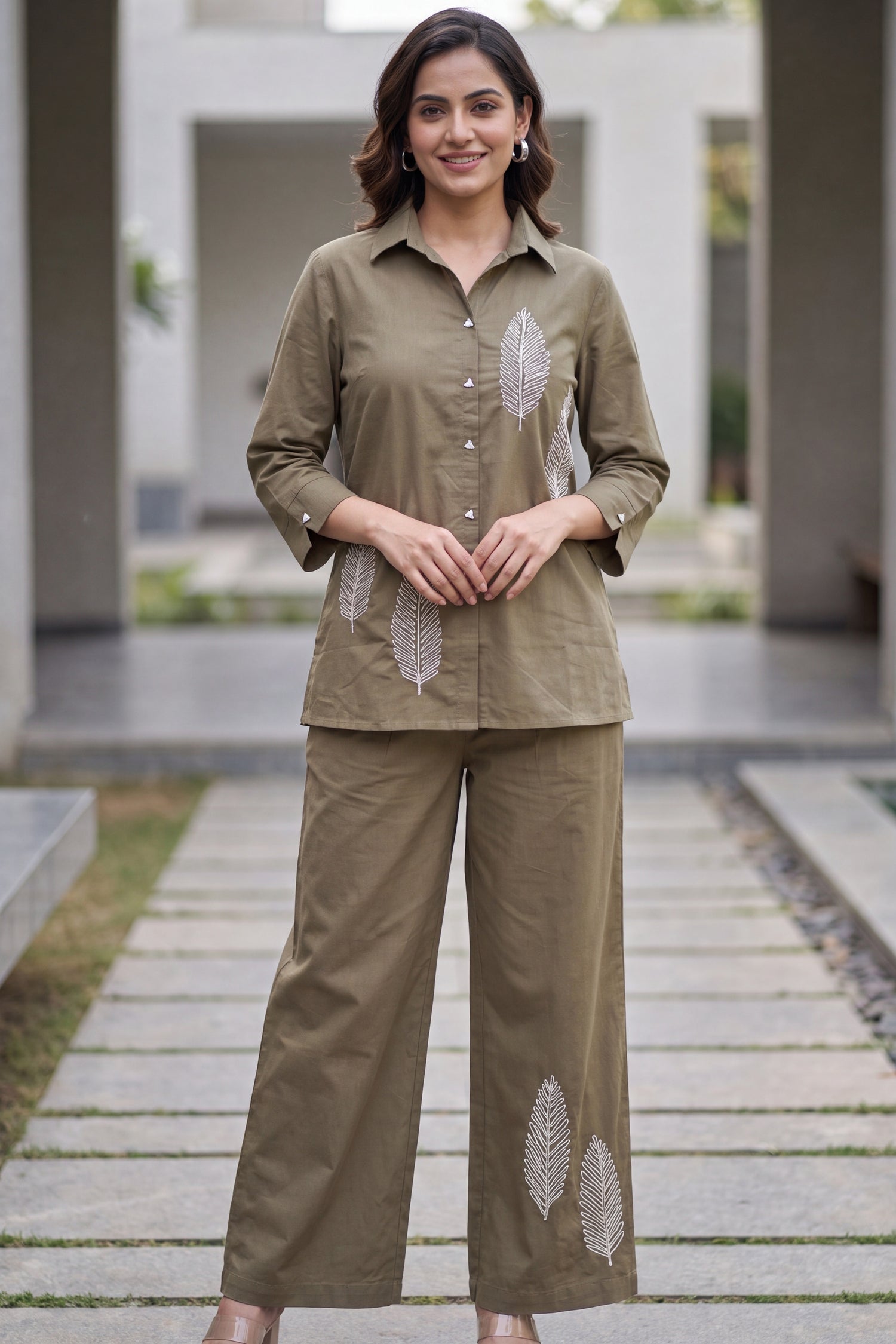 Earthy Brown Cotton Floral Embroidered Shirt And Wide Leg Palazzo Co -Ord Set