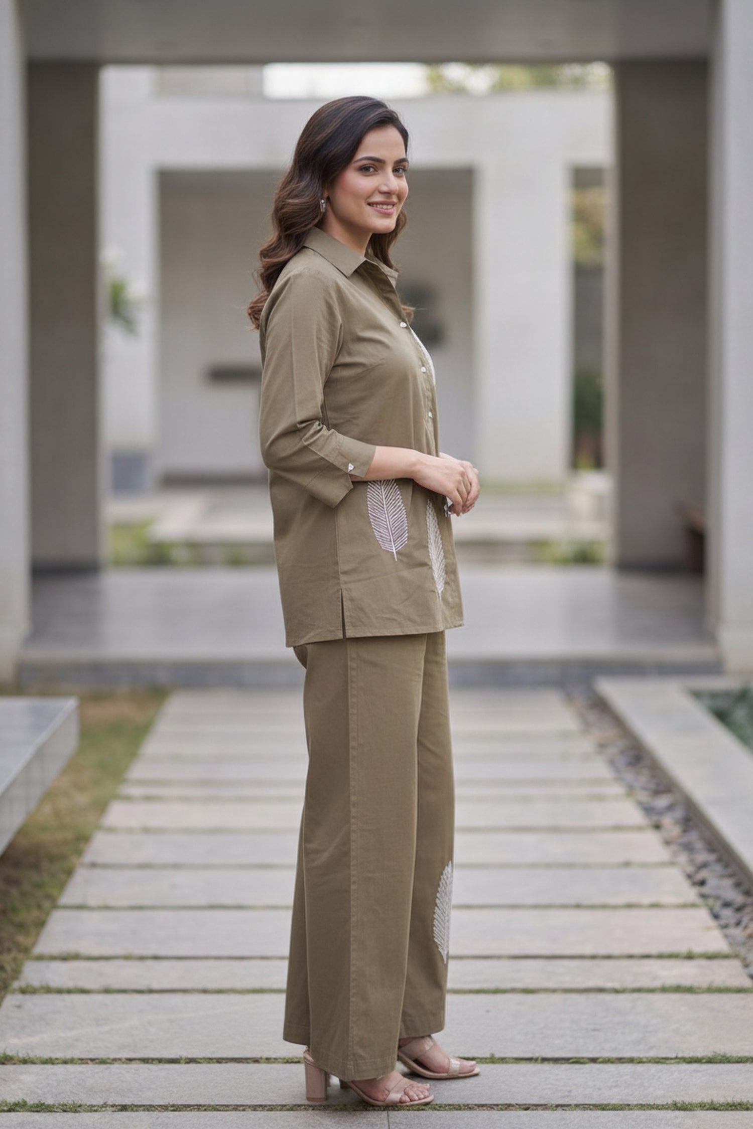 Earthy Brown Cotton Floral Embroidered Shirt And Wide Leg Palazzo Co -Ord Set