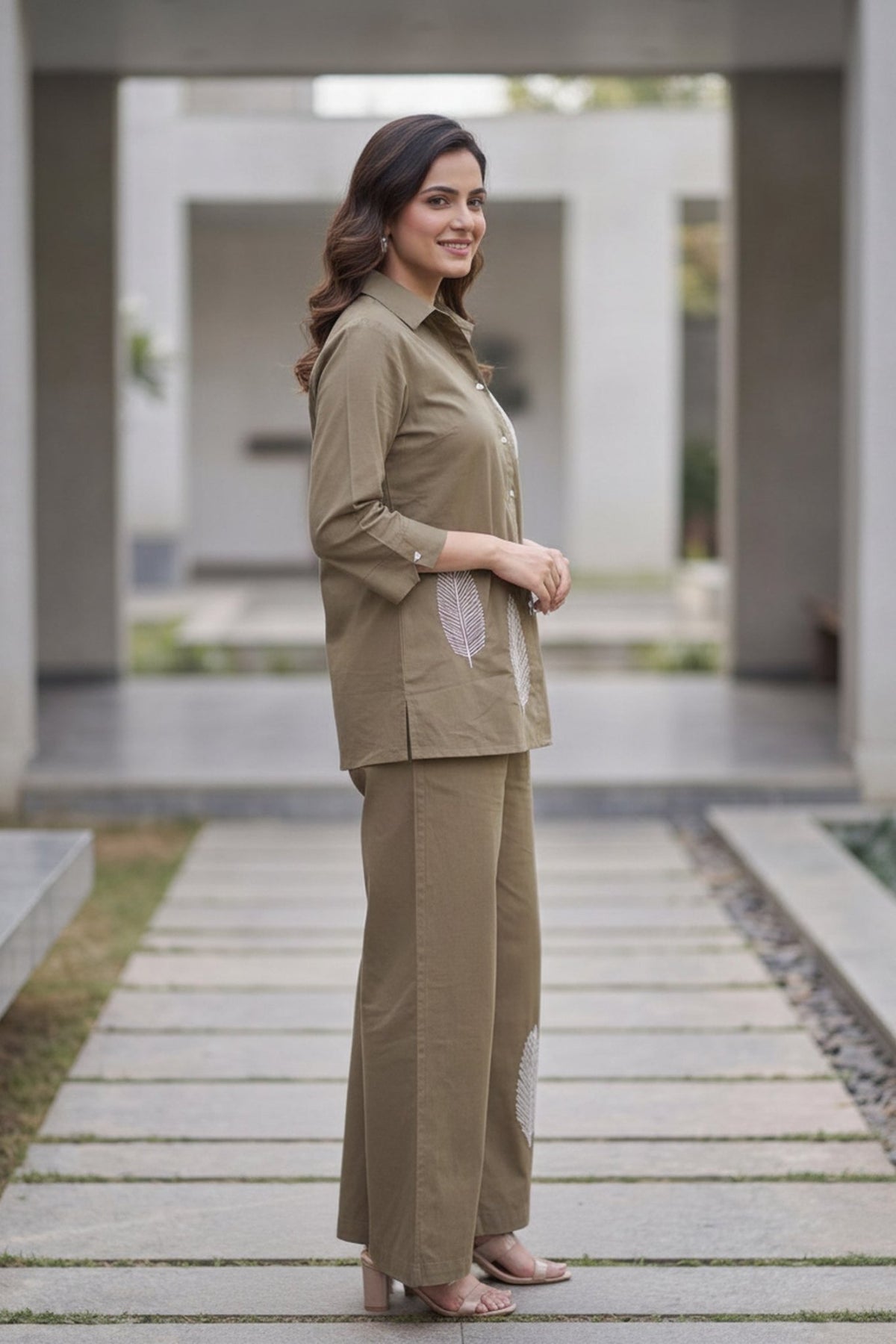 Earthy Brown Cotton Floral Embroidered Shirt And Wide Leg Palazzo Co -Ord Set - Freyaa