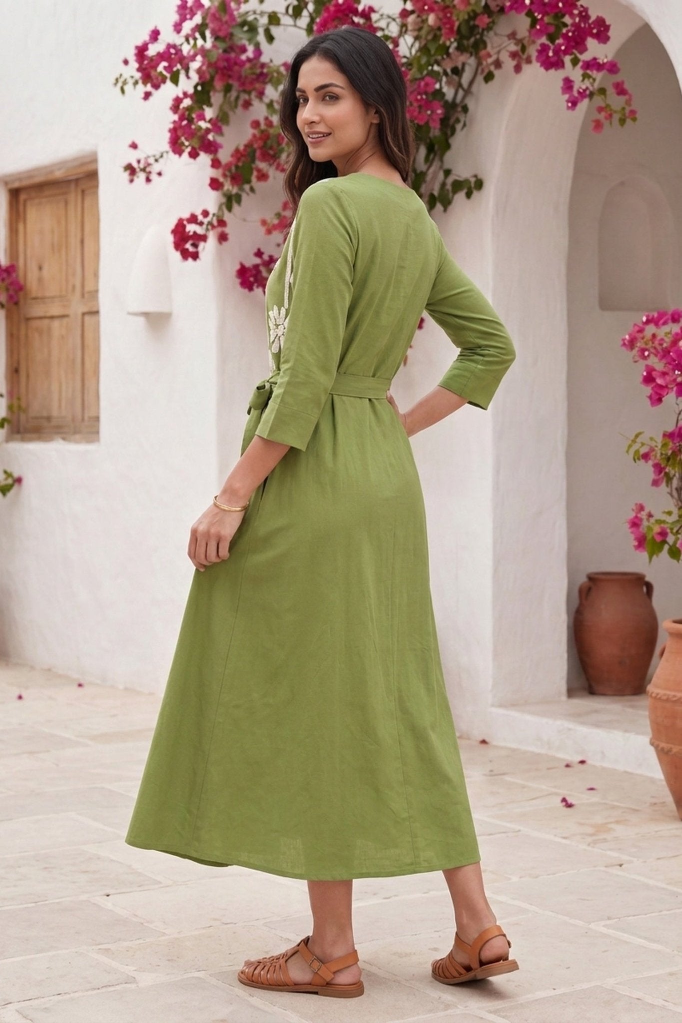 Green Floral Printed Midi Dress with Waist Tie-Up - Freyaa USA & Canada