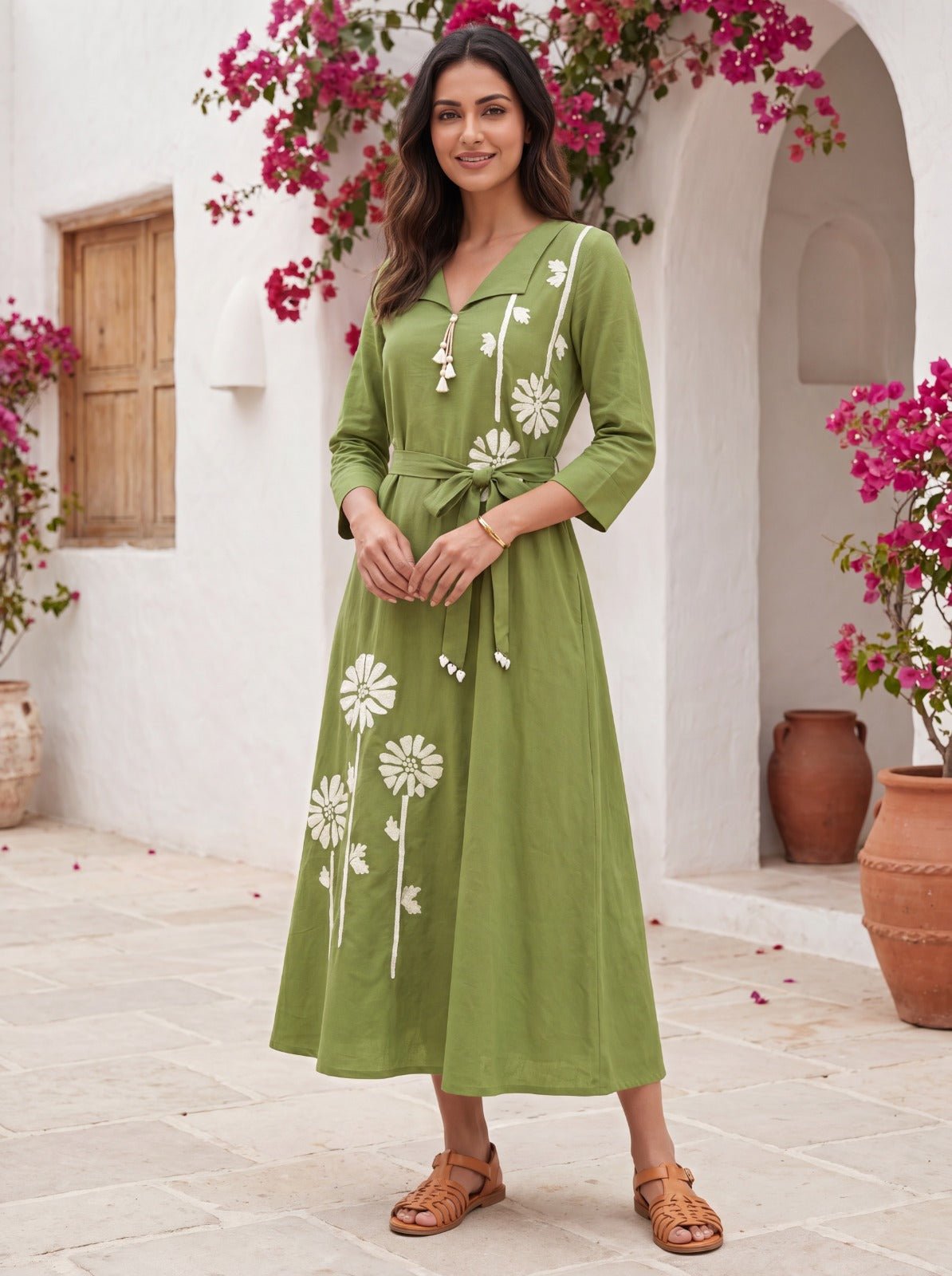 Green Floral Printed Midi Dress with Waist Tie-Up - Freyaa USA & Canada