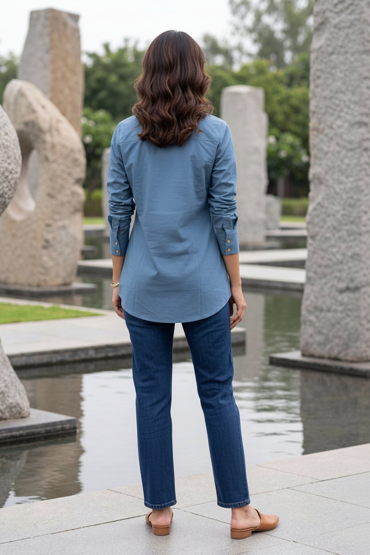Regular Fit Cotton Embroidered Blue Shirt