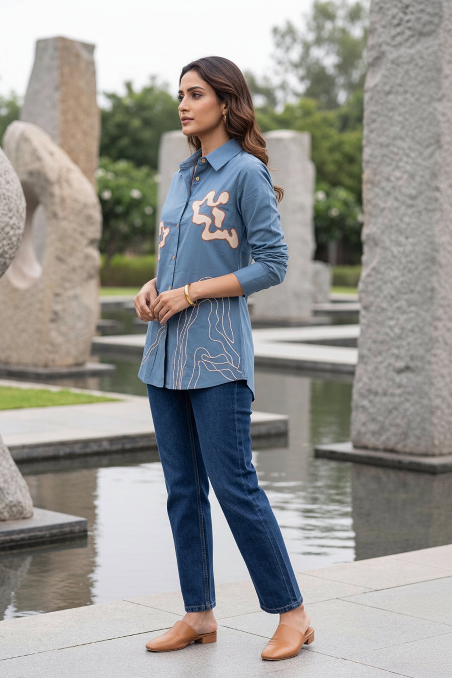 Regular Fit Cotton Embroidered Blue Shirt
